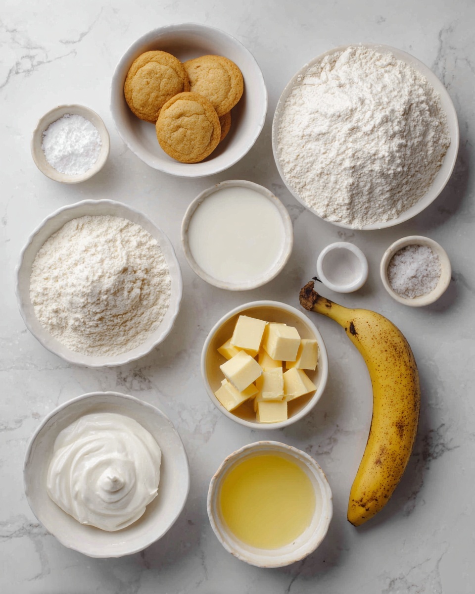 The image shows various baking ingredients arranged neatly on a white marbled surface. There are nine white bowls and dishes of different sizes containing powdered sugar, milk, round golden cookies, flour with a small amount of baking powder on top, a yellow liquid, cubed yellow butter, coarse salt, and a thick white cream or meringue. A single ripe banana with some brown spots lies on the surface to the right of all the bowls. The overall layout is clean and organized, with each ingredient clearly visible. Photo taken with an iphone --ar 4:5 --v 7