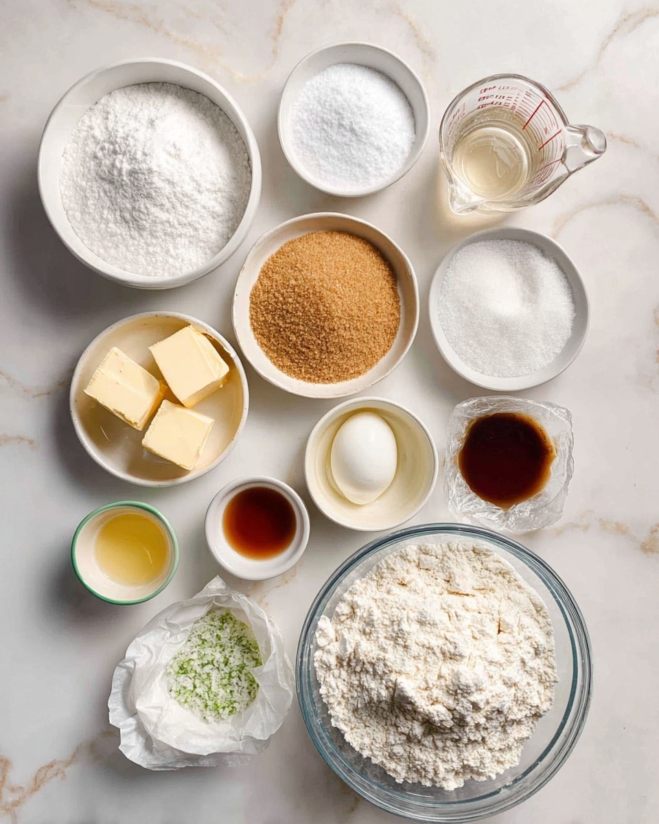 The image shows several small white bowls with different baking ingredients on a white marbled surface. There is one large transparent bowl at the bottom right filled with white flour. Above it, a clear measuring cup is filled with powdered sugar. To the left, a white bowl filled with fine white sugar is placed. Next to it, there are small white bowls holding brown sugar, one egg, clear liquid, lime zest, vanilla extract, small white granules, and melted butter still wrapped in paper. All the bowls are neatly arranged in a loose grid, viewed from above. photo taken with an iphone --ar 4:5 --v 7