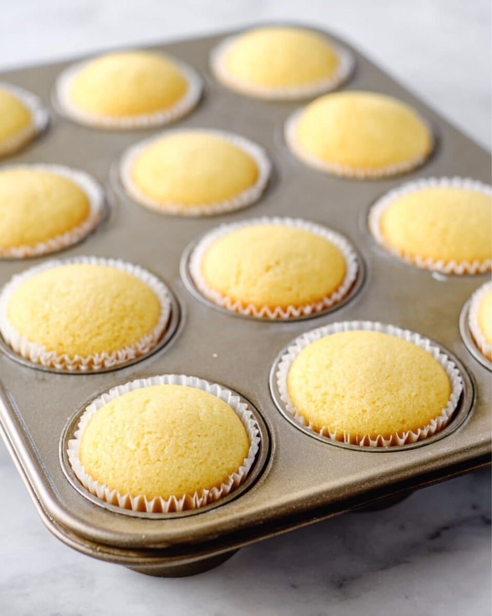 A metal cupcake tray holds twelve freshly baked yellow cupcakes, each in a white paper liner. The cupcakes have a soft, smooth texture on top and fill the tray evenly. The tray sits on a white marbled surface, with soft natural light highlighting the light golden color of the cakes. The background is out of focus, keeping attention on the cupcakes. photo taken with an iphone --ar 4:5 --v 7