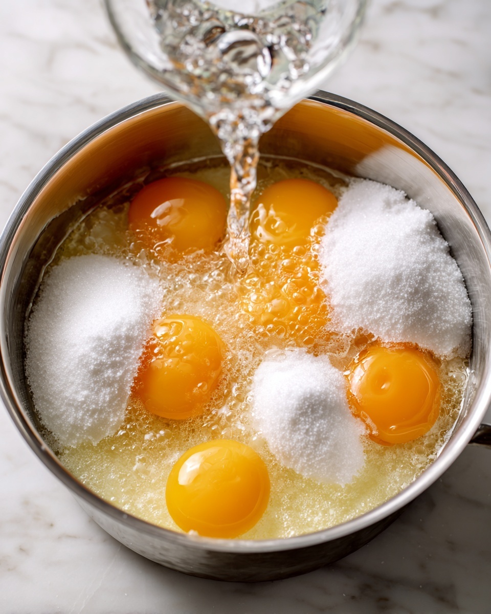 A silver metal pot is shown from above, containing a layer of several cracked egg yolks around the edges with their pale egg whites underneath, covered halfway by a thick layer of white granulated sugar in the middle. A clear liquid is being poured into the pot from above, splashing onto the sugar and eggs, creating a bubbling effect where it hits. The background beneath the pot is a white marbled surface. Photo taken with an iphone --ar 4:5 --v 7