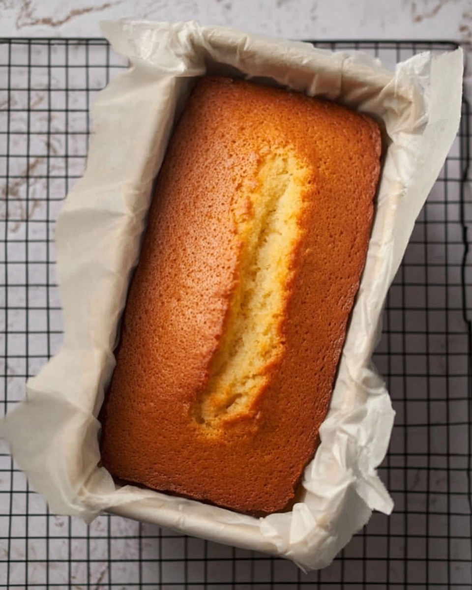 A golden brown rectangular cake with a slightly cracked top is inside a white parchment paper-lined baking pan, resting on a black wire cooling rack. The cake has a soft texture with light browning on the edges and a warm, even color all over. The background shows a white marbled surface. photo taken with an iphone --ar 4:5 --v 7