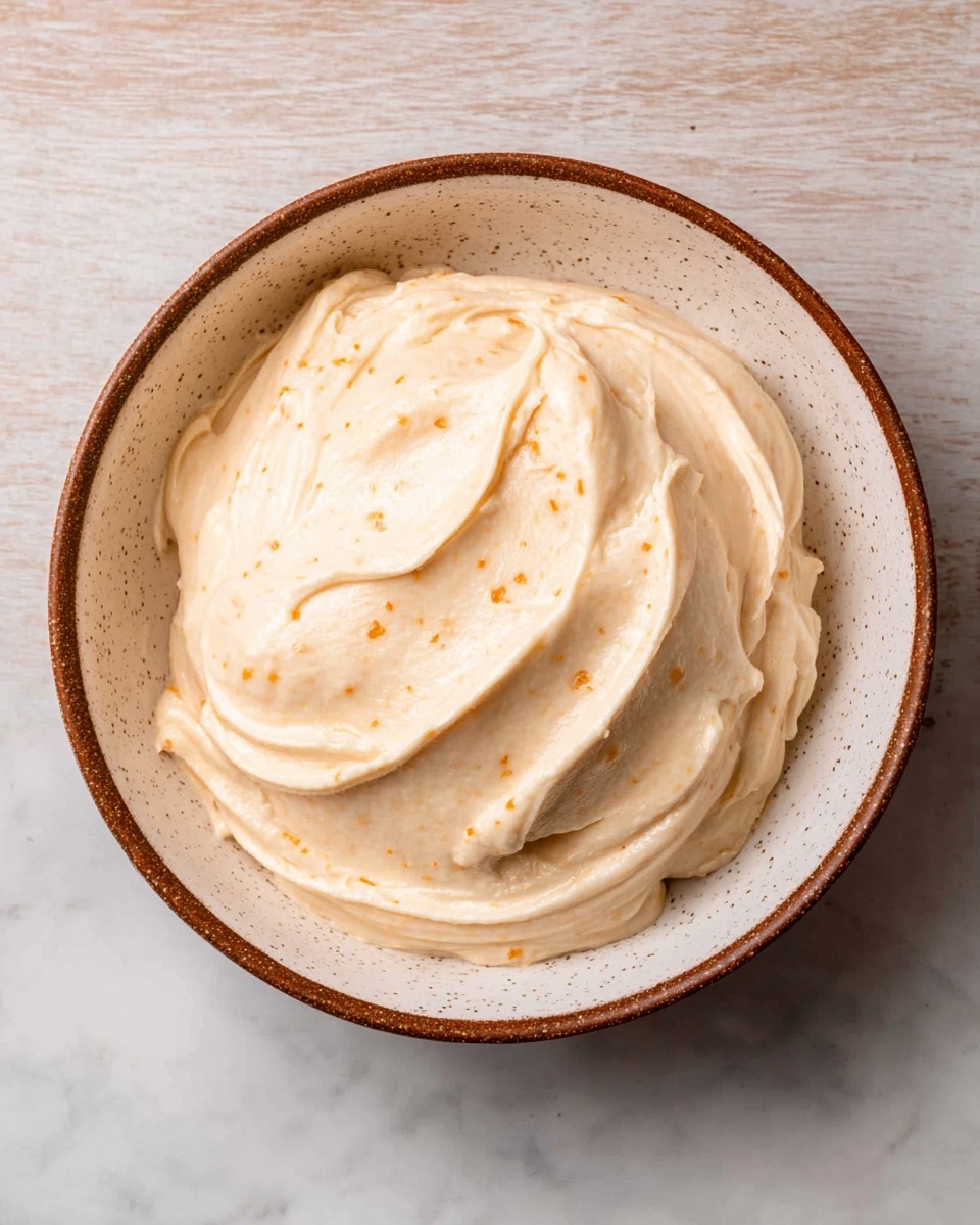 A single layer of creamy, smooth, light beige frosting with small orange specks is spread evenly inside a shallow white speckled bowl with a brown rim. The texture of the frosting is soft and airy with gentle swirls and peaks showing the spreading motion. The bowl rests on a white marbled surface. photo taken with an iphone --ar 4:5 --v 7