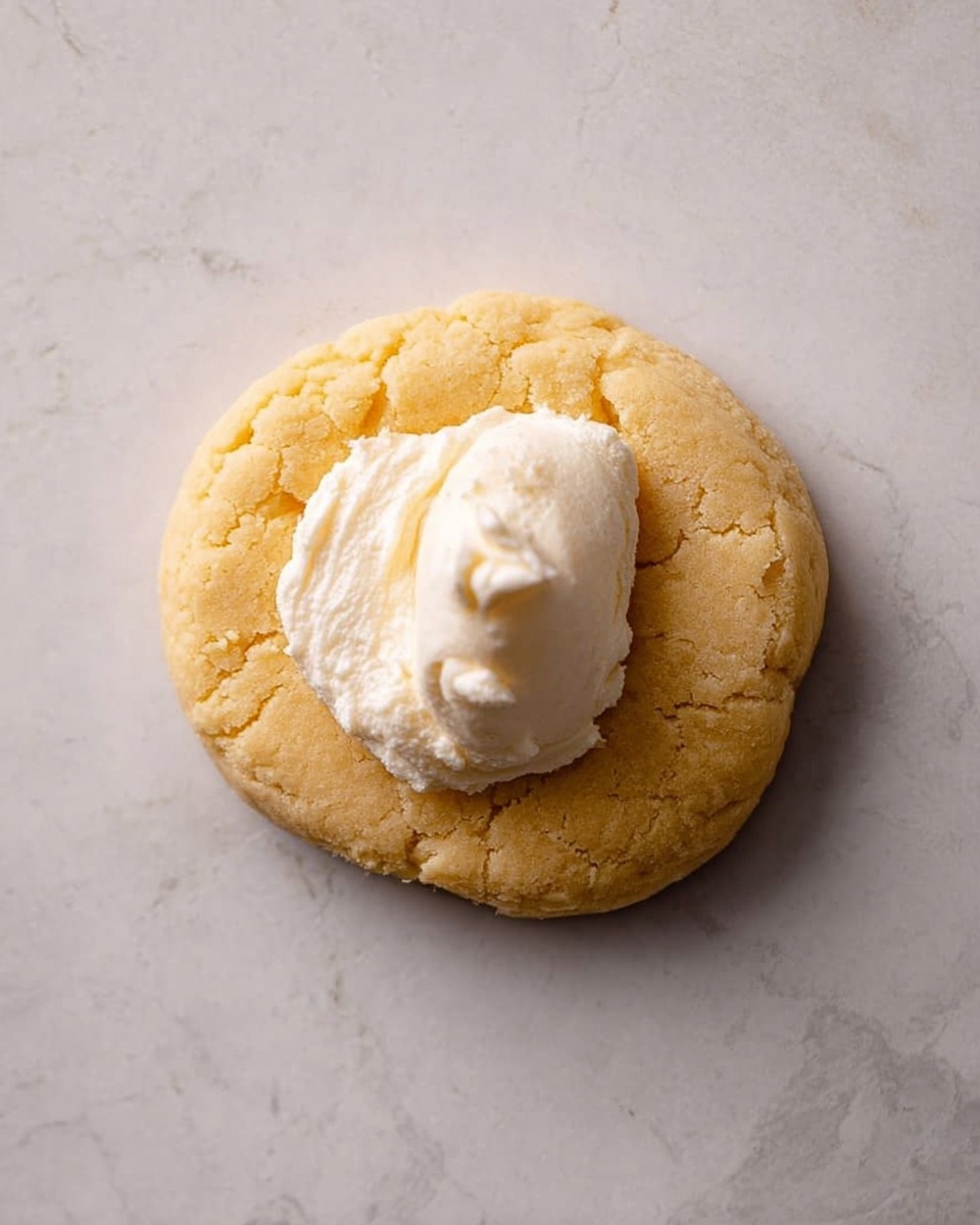 The image shows a single round dough piece in light golden color, placed on a flat white marbled surface. On top of the dough, in the center, is a dollop of smooth, creamy white filling, slightly rounded and soft in texture. The dough looks soft and crumbly around the edges. photo taken with an iphone --ar 4:5 --v 7