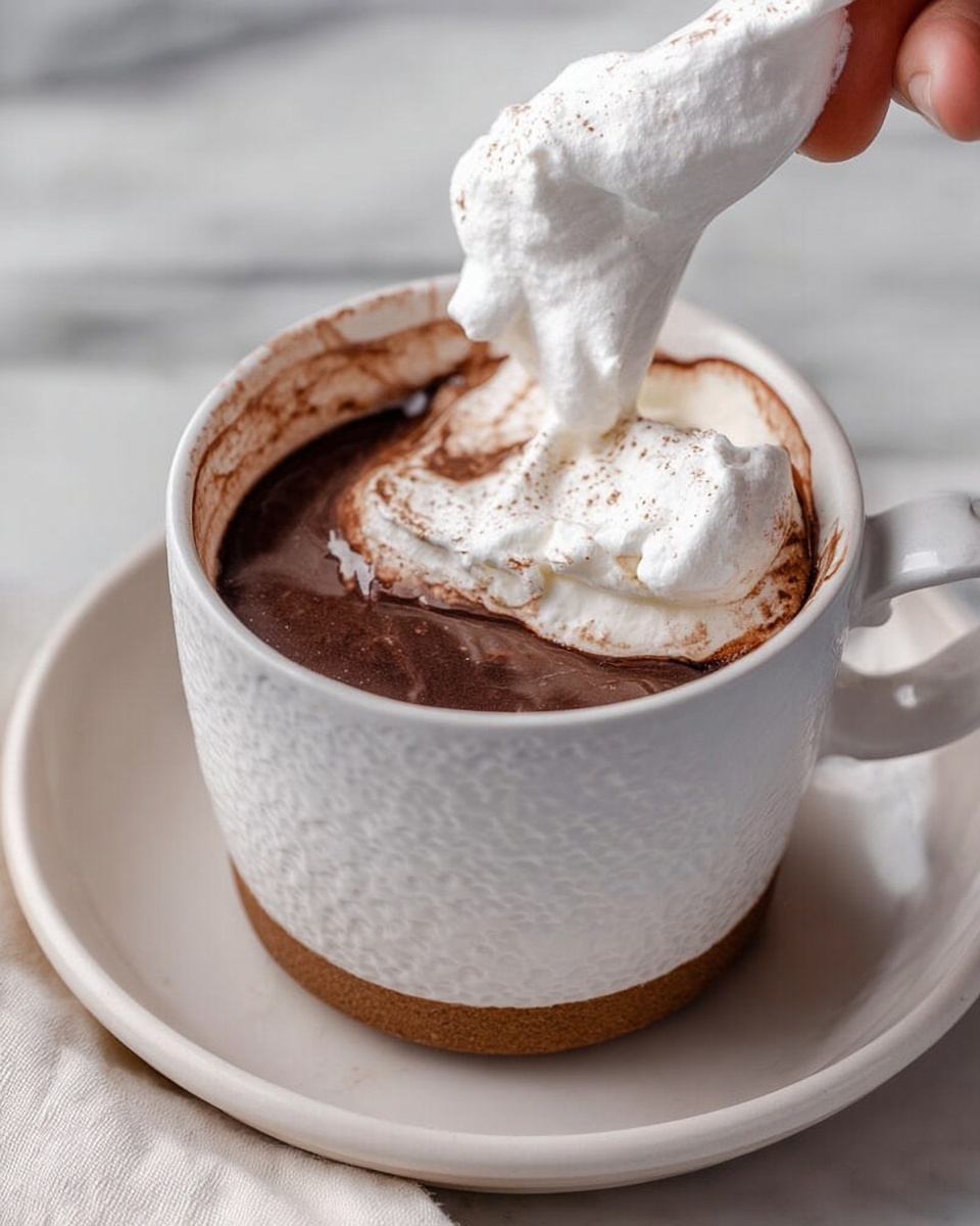 A close-up of a white textured mug filled with dark brown hot chocolate, topped with a thick layer of white fluffy whipped cream that is gently pulled aside by a woman's hand revealing the hot chocolate beneath; the mug sits on a white plate with a brown base, all placed on a white marbled surface. photo taken with an iphone --ar 4:5 --v 7