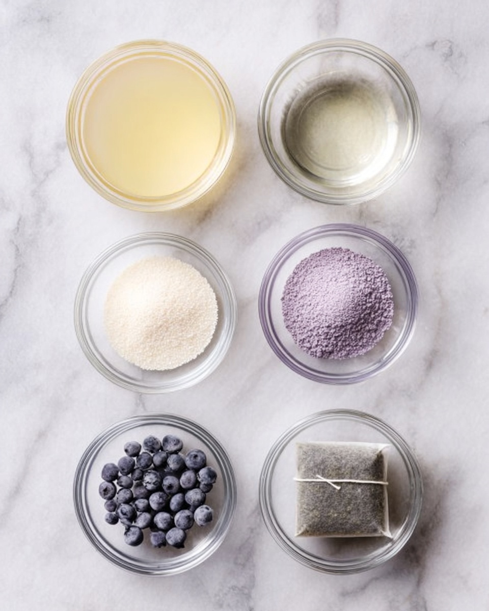 The image shows six small clear round glass bowls arranged in two vertical rows of three on a white marbled surface. The top left bowl holds a smooth pale yellow liquid. The top right bowl contains a clear, colorless liquid. The middle left bowl has fine white granules. The middle right bowl is filled with a powder of light purple color. The bottom left bowl contains small round grayish-blue berries. The bottom right bowl holds a rectangular tea bag with a dark gray tea portion wrapped in white paper, with its string trailing out gently. Photo taken with an iphone --ar 4:5 --v 7