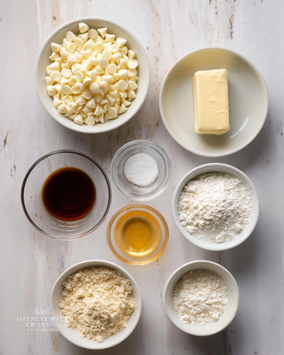 The image shows eight small bowls and dishes arranged on a white marbled surface. Starting from the top right, there is a white bowl filled with many small white chocolate chips that look smooth and shiny. Below it, a clear glass bowl holds a stick of pale yellow butter with a smooth texture. To its right, a tiny clear glass cup holds a small amount of light amber liquid, possibly vanilla or syrup. Below that, there is a clear glass bowl with a small amount of a golden yellow liquid, which looks like egg whites. Above this, a white bowl contains a dark brown liquid, likely vanilla extract. Next to it, a small white dish holds a small white powder, possibly baking soda or salt. Above that, a white bowl is filled with a light brown flour, appearing soft and fine. To its left, a slightly larger white bowl contains a white powdery substance resembling powdered sugar or flour. The arrangement is neat, and the bowls vary in material between white ceramics and clear glass. The light is soft, emphasizing the colors and textures clearly. photo taken with an iphone --ar 4:5 --v 7