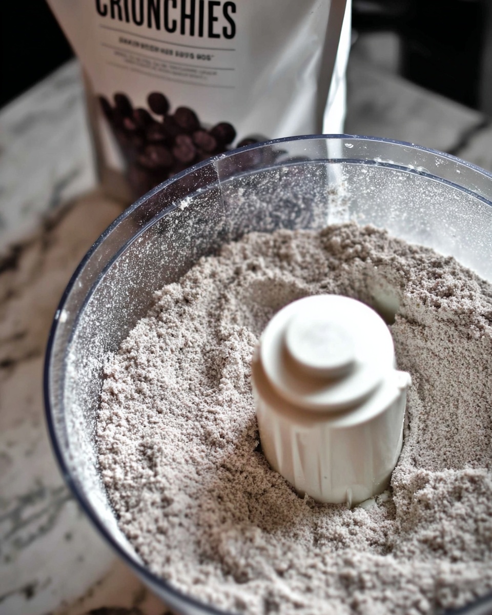 A close-up view of a food processor bowl filled with a fine, light gray mixture that looks like ground ingredients, evenly spread around the central white plastic blade cover. The bowl is clear, showing the texture inside, with some powder dust on the sides. In the blurry background, a bag labeled