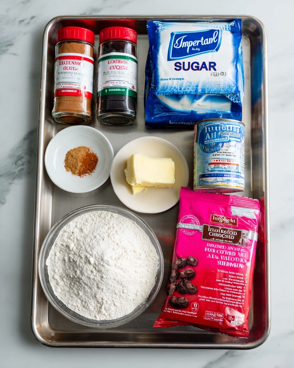 A metal tray sits on a white marbled surface holding various baking ingredients neatly arranged. On the left side, there are two small spice jars with red and green lids containing ground cinnamon and cayenne pepper. Next to them is a large blue and white bag labeled Imperial Sugar. In the center of the tray is a small clear glass bowl filled with white flour and above it a small white dish holding a pale yellow dollop of butter. On the right side, there are three containers stacked: a blue can of evaporated milk, a small jar of active dry yeast, and a tall pink container of unsweetened natural cocoa powder. At the bottom right is a red package of extra dark chocolate baking chips. Everything is clearly visible with clean colors and sharp details. Photo taken with an iphone --ar 4:5 --v 7
