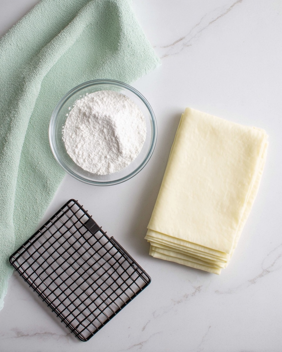 The image shows a white marbled surface with three main items arranged neatly. At the top left, there is a small clear glass bowl filled with fine white powder, which looks soft and light. To the right of the bowl, there is a stack of pale yellow pastry dough sheets folded neatly into a rectangle. Below these items, there is a small black metal cooling rack with a grid pattern. A soft green cloth is partially visible at the top left corner of the image. Photo taken with an iphone --ar 4:5 --v 7