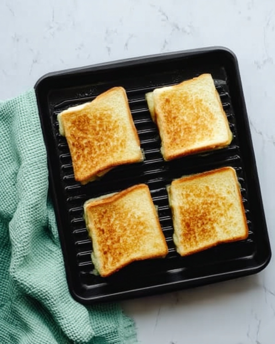 The image shows four golden-brown toasted sandwich pieces on a black grill tray. Each sandwich piece is rectangular with a slightly crispy texture and evenly browned tops. The tray sits on a white marbled surface. A soft green cloth is placed to the left side, adding a gentle color contrast. Photo taken with an iphone --ar 4:5 --v 7