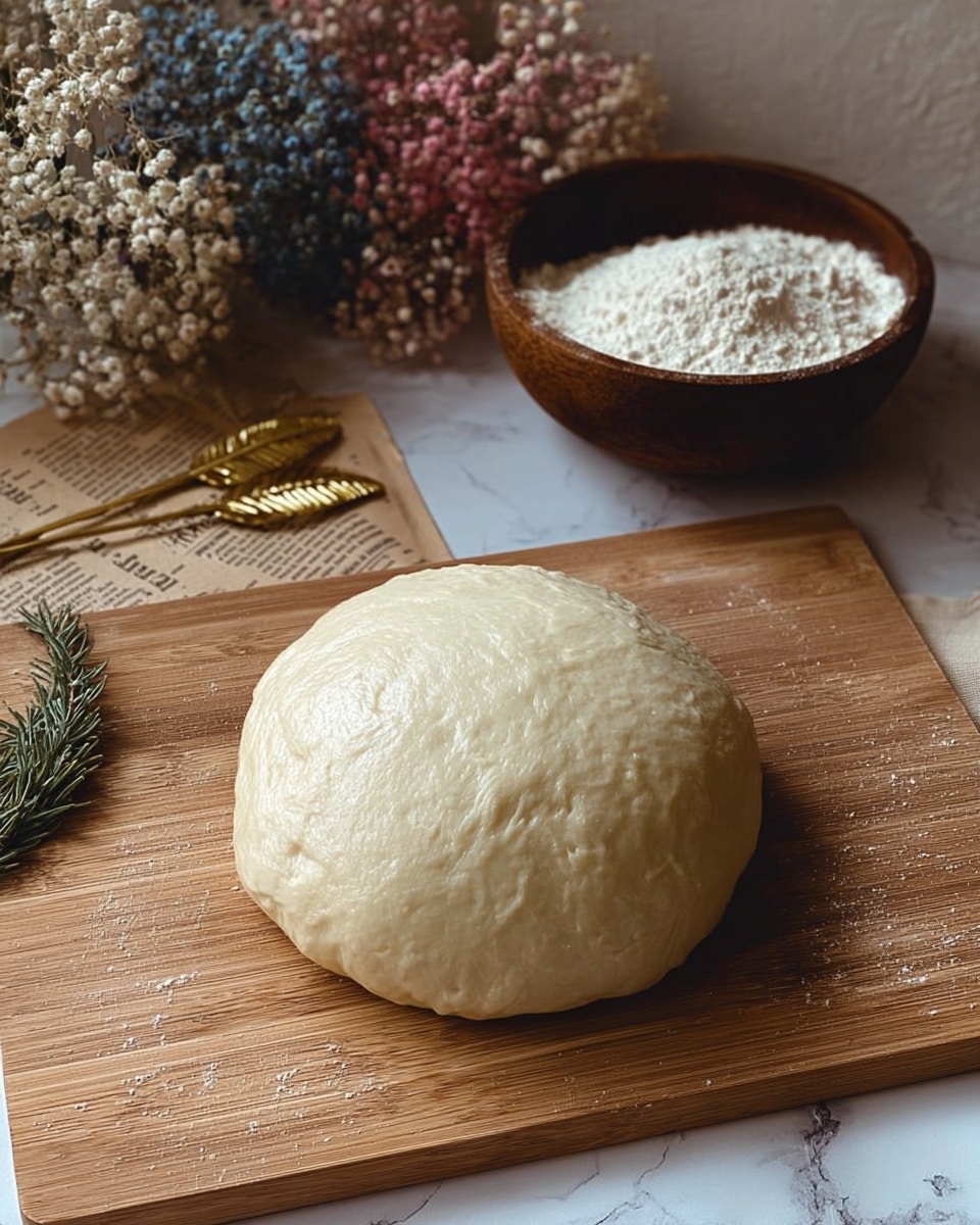A smooth, round mound of pale beige dough sits in the center of a wooden surface, its texture soft and slightly shiny. Behind it, a dark brown bowl filled with white flour rests on old newspaper sheets, with a small green sprig beside the bowl. Two gold-colored utensils with leaf designs lie flat on the left side of the wooden surface. In the background, soft bunches of small dried flowers in pink, white, and blue add a gentle touch. The whole scene is warm and inviting, set against a white marbled surface. Photo taken with an iphone --ar 4:5 --v 7
