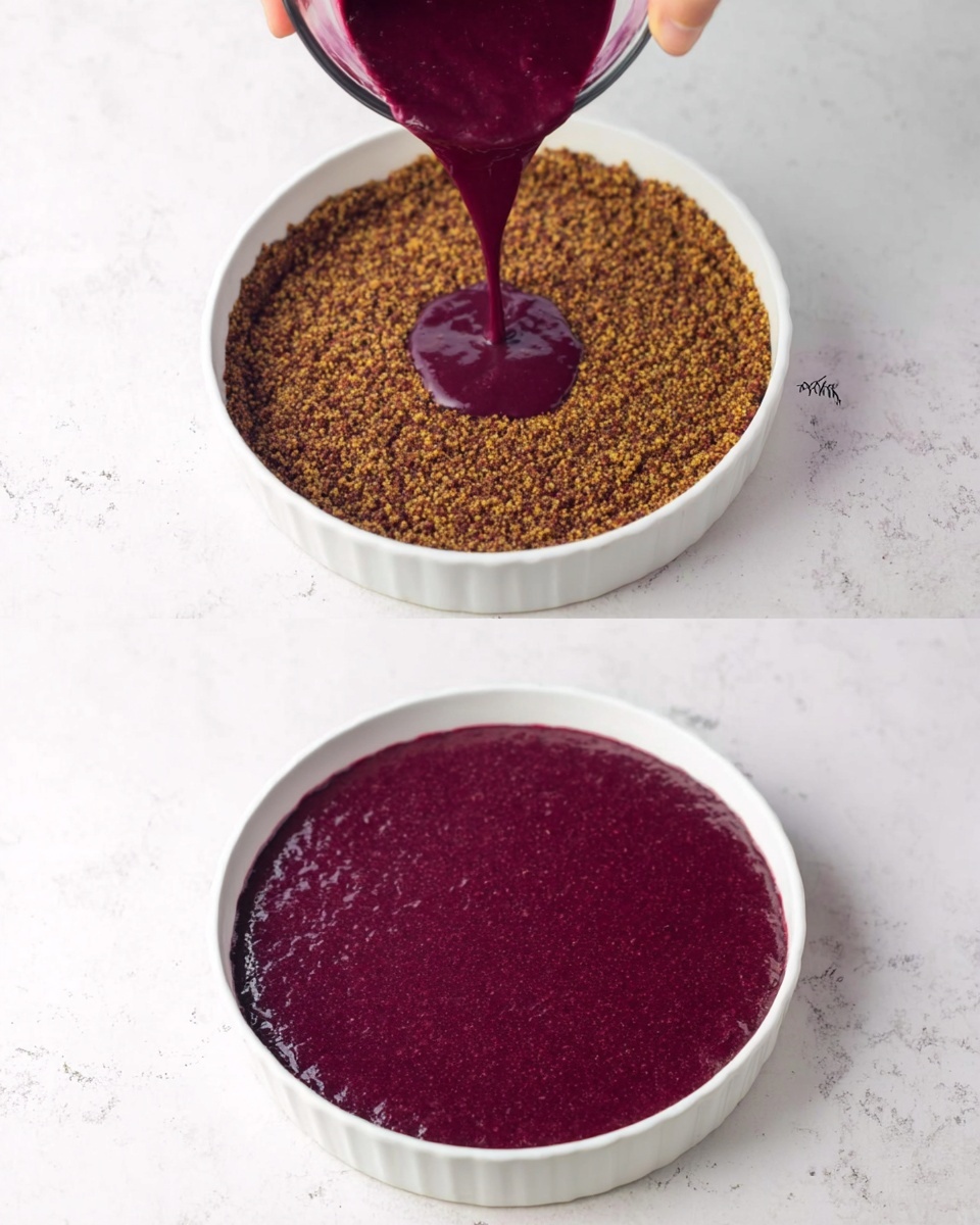 The image shows two steps of making a dessert in a white round dish on a white marbled surface. In the first part, a woman's hand is pouring a smooth, dark purple liquid layer over a textured, brown crumbly base that fits the shape of the dish. In the second part, the purple layer fully covers the brown base with an evenly spread, glossy surface, and the dish remains on the white marbled background. photo taken with an iphone --ar 4:5 --v 7