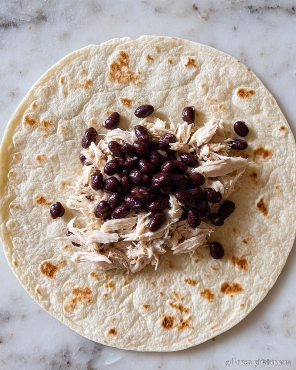 A large, soft flour tortilla lays flat on a white marbled surface with a small pile of shredded light beige chicken in the center. On top of the chicken, there is a layer of shiny, dark purple-black beans scattered loosely. The tortilla has light brown spots, indicating it is slightly toasted, and the texture looks soft and pliable. photo taken with an iphone --ar 4:5 --v 7