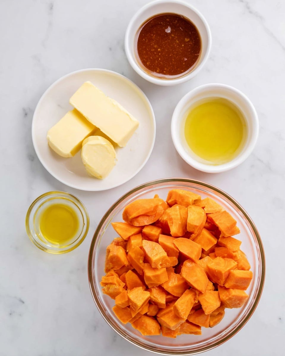 The image shows a clear glass bowl filled with bright orange chopped sweet potatoes at the bottom center. Above it, there is a small white bowl with thick reddish-brown sauce on the right, a small white bowl with light yellow liquid on the left, and further up on the left, a small white plate holding two pieces of pale yellow butter. To the right of the butter plate, there is a clear glass bowl with a golden-yellow oil. All items are placed on a white marbled surface. Photo taken with an iphone --ar 4:5 --v 7