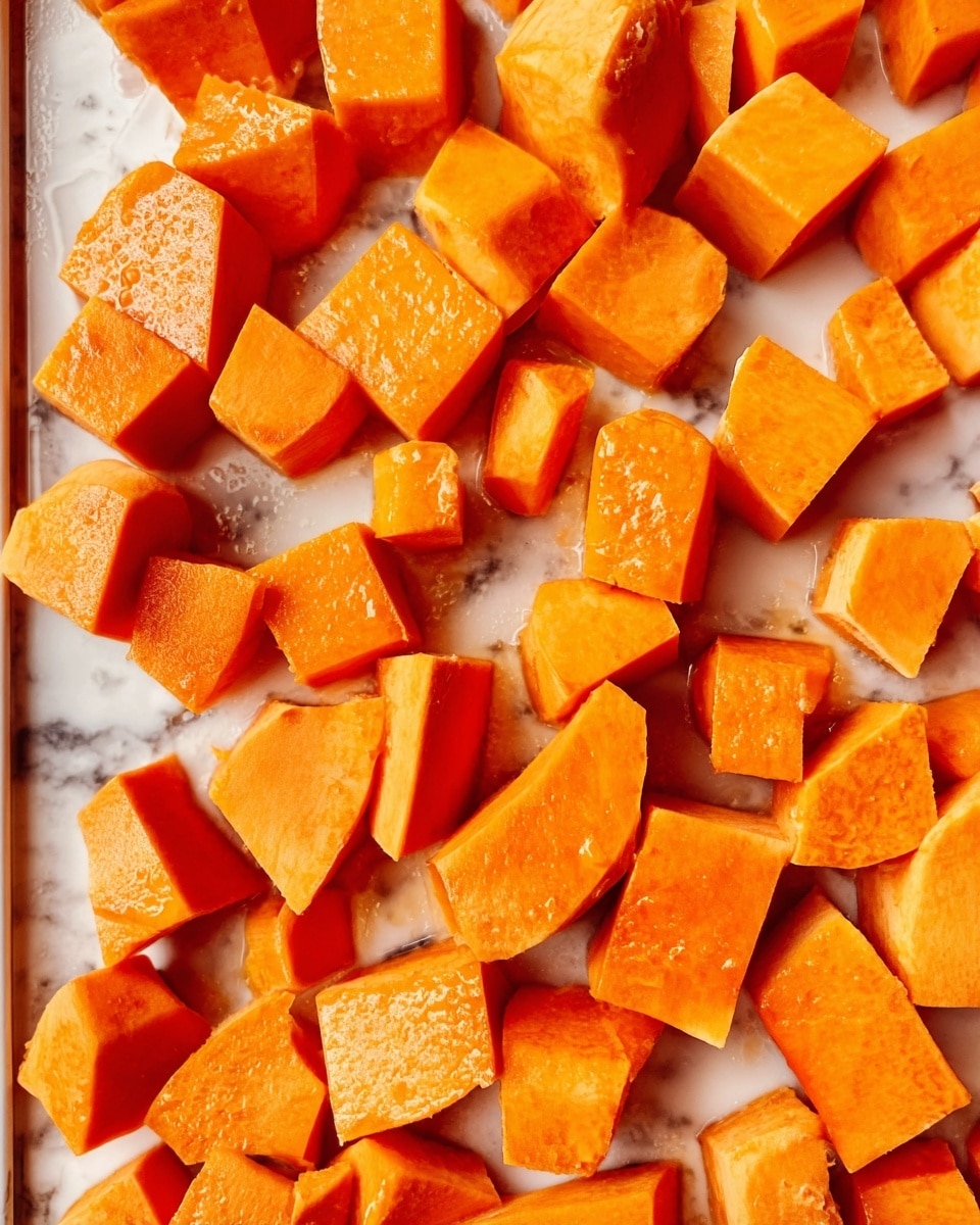 The image shows many orange cubes of sweet potato spread out on a white tray with slightly raised edges, some pieces smaller and some bigger, all with smooth edges and a moist texture, sitting on a surface with a white marbled texture. photo taken with an iphone --ar 4:5 --v 7