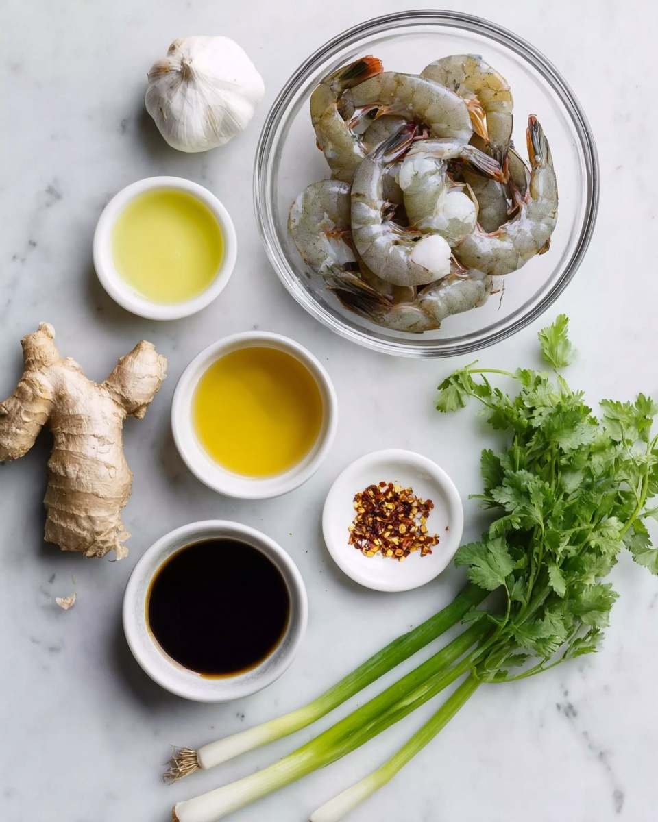A clear glass bowl in the top center holds raw shrimp with gray and pink tones, tails curling inward. Below it and slightly to the left is a white bowl filled with a golden yellow liquid. Next to the yellow liquid on the right is a small clear bowl with a light yellow liquid. Below these, a white bowl contains a dark brown liquid. Toward the left side, a whole garlic bulb rests on the white marbled surface. A small white plate with red chili flakes is nearby. Fresh ginger root, light brown and knobby, sits between the liquids and fresh green cilantro leaves. To the right, three green onions with white bulbs and long green stalks lie diagonally. The photo is taken on a white marbled surface, photo taken with an iphone --ar 4:5 --v 7