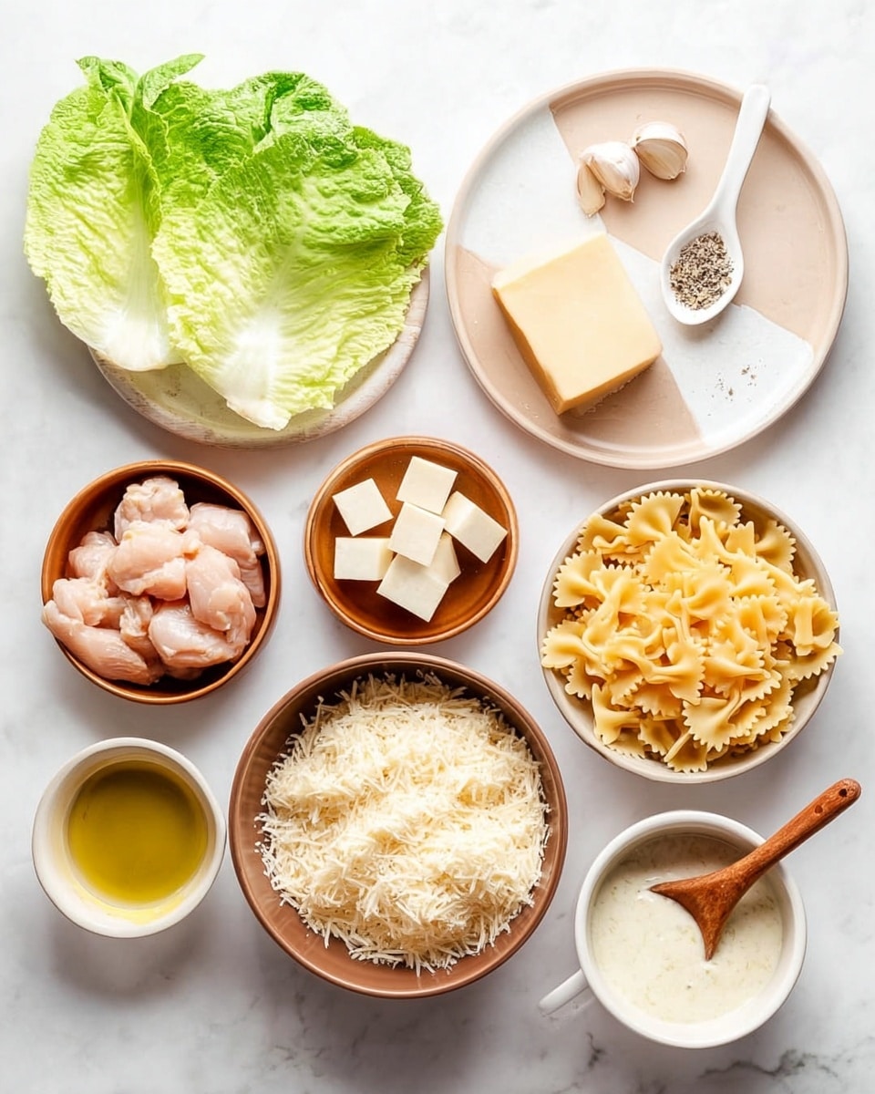 The image shows various ingredients for a meal arranged on a white marbled surface. On the top right, there is a white plate with a beige section holding two garlic cloves, a white spoon with pepper, and two lettuce leaves. To the left, there is a white plate with a block of cheese. Below, three small brown bowls hold raw chicken pieces, butter cubes, and farfalle pasta. A larger brown bowl is filled with grated cheese, and a white bowl at the bottom has a creamy white sauce with a small wooden spoon inside. A small white bowl with olive oil is near the center. Everything is neatly placed with clear textures like the soft chicken, grainy cheese, and leafy lettuce distinct and visible. Photo taken with an iphone --ar 4:5 --v 7