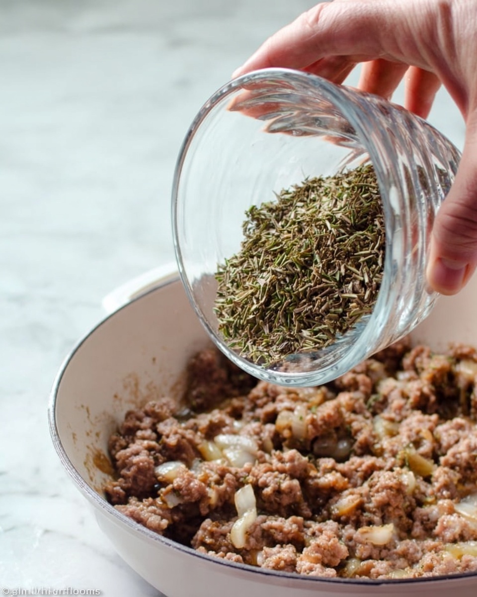 A woman's hand is holding a clear glass bowl tilted over a white pan filled with cooked ground meat mixed with small pieces of onion. Inside the glass bowl are green dried herbs that are about to be poured into the pan. The background surface is white marbled texture. Photo taken with an iphone --ar 4:5 --v 7