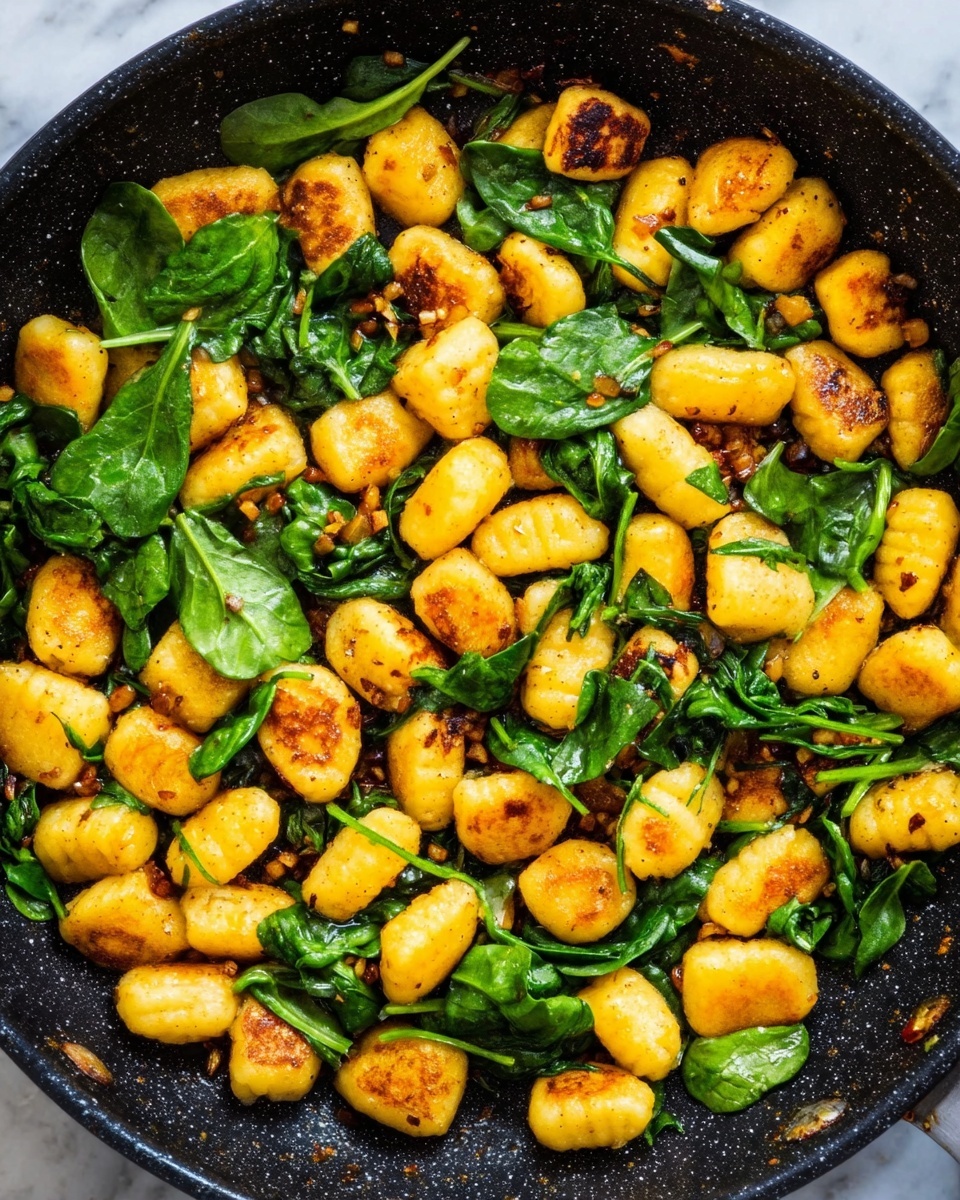 The image shows a black pan filled with golden brown gnocchi pieces scattered across the pan. Mixed evenly among the gnocchi are bright green fresh spinach leaves and small bits of browned garlic. The gnocchi have a slightly crispy texture on the outside with soft edges. The spinach leaves added on top look fresh and vibrant, creating a contrast with the warm yellow and brown tones of the gnocchi. The surface around the pan is a white marbled texture. photo taken with an iphone --ar 4:5 --v 7