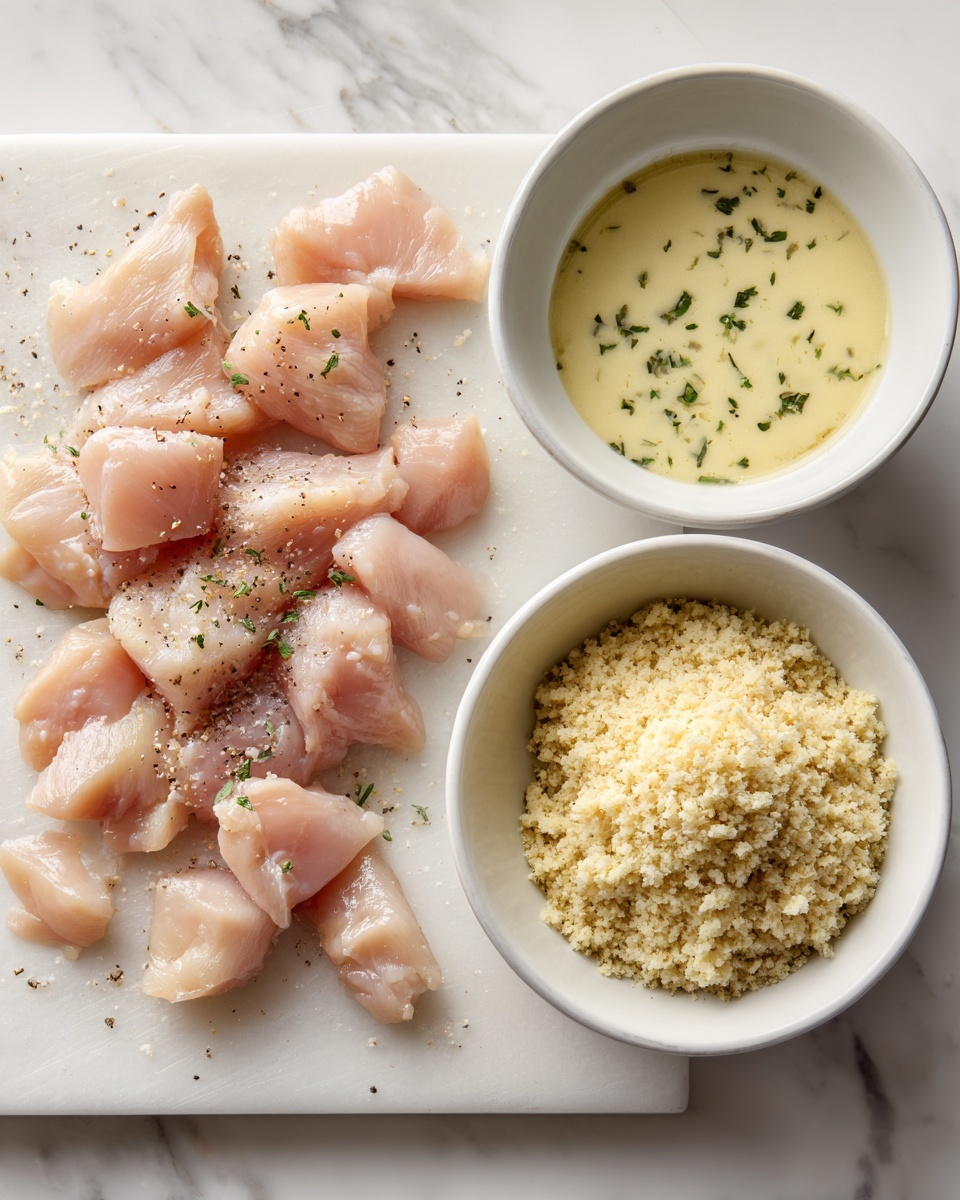 On the left side of the image, small pieces of raw chicken are spread out on a white cutting board placed on a white marbled surface, each piece lightly sprinkled with seasoning that looks like salt and pepper. On the right side, two white bowls sit on the same white marbled surface; the top bowl holds a creamy light yellow sauce with small green herbs, and the bottom bowl contains a pale yellow crumb mixture with a coarse texture. photo taken with an iphone --ar 4:5 --v 7