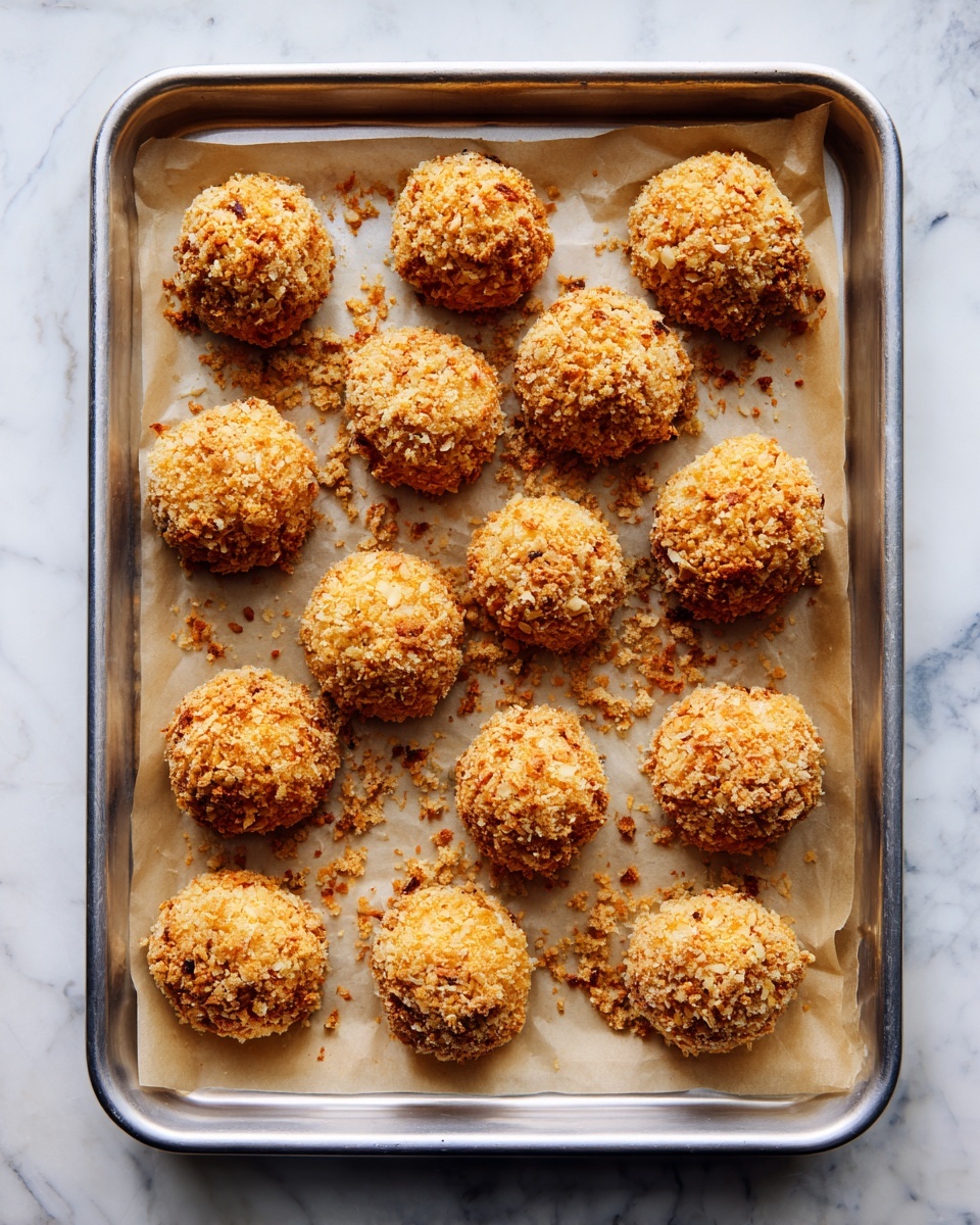 A silver baking tray holds sixteen pieces of golden-brown crispy food arranged in four rows; each piece has a rough textured coating with small crumbs scattered around them. The tray is lined with light brown parchment paper. The background is a white marbled surface. photo taken with an iphone --ar 4:5 --v 7