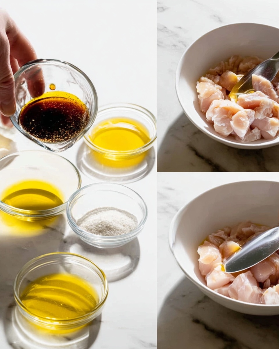 The first image shows a close-up of a woman's hand pouring a dark sauce from a small glass bowl into a larger bowl with yellow oil, surrounded by other small clear bowls containing ingredients like a white powder and a yellow liquid, all placed on a white marbled surface. The second image shows a white bowl filled with pale, raw chicken pieces, with a woman's hand holding a silver spoon that is spreading the same dark sauce evenly over the chicken chunks. photo taken with an iphone --ar 4:5 --v 7