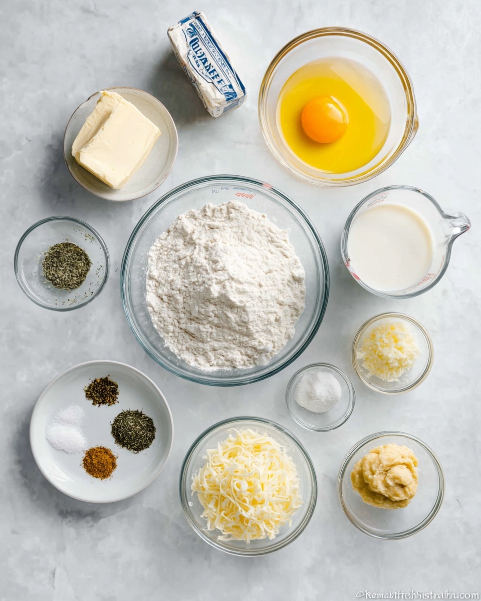 A white marbled surface holds a collection of clear glass and white dishes arranged neatly, showing cooking ingredients. At the center, a medium clear glass bowl is filled with white flour, its texture soft and powdery. Above it, a small glass bowl contains a raw egg with bright yellow yolk and translucent whites. To the right of the egg, there is a clear glass measuring cup filled with white milk. Next to the milk, a small bowl with light yellow minced garlic sits. Below that, a similar sized bowl holds finely shredded pale yellow cheese. To the bottom right, another small glass bowl contains a mustard-yellow paste. On the left side of the flour bowl, a white plate holds four different dried herbs in small piles, showing dark green and brown colors. Smaller clear glass bowls with white salt and baking powder sit nearby. A stick of butter wrapped in blue and white paper is placed above the flour bowl. The overall look is clean and organized, with a light and fresh feel. photo taken with an iphone --ar 4:5 --v 7