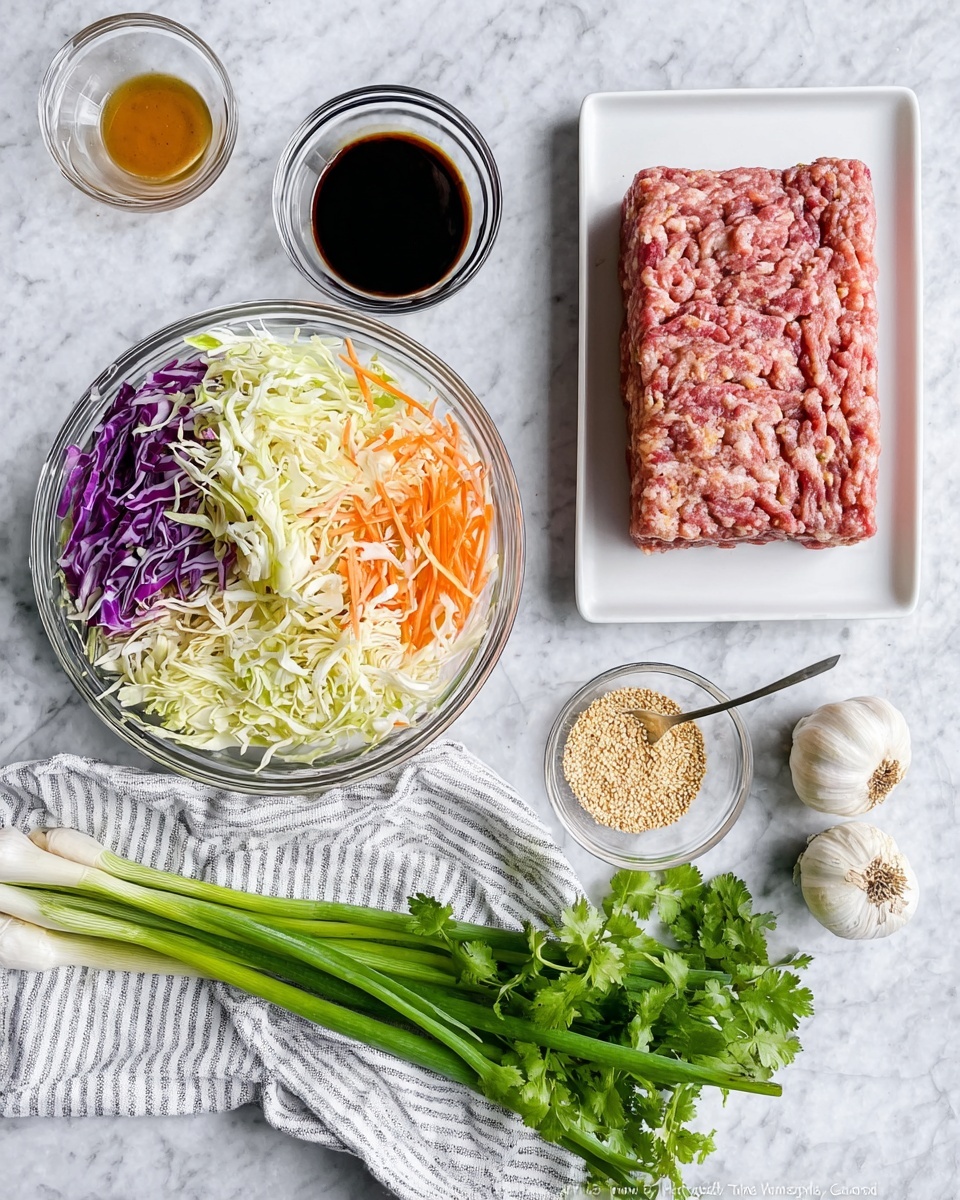 A clear glass bowl holds a colorful mix of shredded vegetables including white cabbage, purple cabbage, and orange carrot, layered evenly to show texture differences; next to it on the right is a white rectangular plate with a block of raw ground meat, pink with white fat flecks, laid flat. Above the plate are two small clear glass bowls, one filled with a dark brown sauce and the other with a light amber liquid. Below the plate is a section of green onions with long green leaves and white bulbs, resting on a white and gray striped cloth, accompanied by fresh green cilantro leaves. To the right of the greens is a whole garlic bulb, a small glass bowl of light beige minced ginger, and a square white bowl filled with golden sesame seeds with a small spoon inside. All items are placed on a white marbled surface photo taken with an iphone --ar 4:5 --v 7