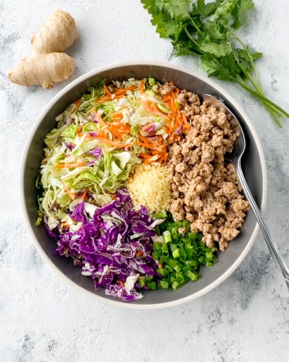 The dish is shown in a white bowl placed on a white marbled surface. Inside the bowl, there are four main layers each arranged side by side. On the left half, there is a colorful mix of shredded cabbage including green, purple, and orange pieces with a light texture. One small section near the bottom right contains bright green chopped scallions. Next to the cabbage on the right side is a heap of light brown cooked ground meat with a slightly crumbly texture. In the center of the bowl, between the meat and cabbage, is a small pile of grated pale yellow ginger. Around the bowl, there is a piece of fresh ginger and a small bunch of green cilantro. A metal spoon is positioned to the upper right, resting inside the bowl. Photo taken with an iphone --ar 4:5 --v 7