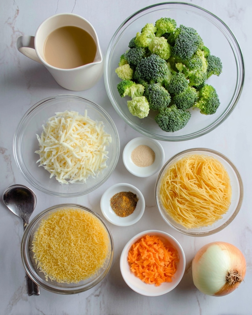 The image shows several clear glass bowls and small white dishes arranged on a white marbled surface. There is one large clear bowl filled with small broccoli florets, a medium clear bowl with shredded white and yellow cheese mixed together, and a small clear bowl with grated orange carrots. Another medium clear bowl contains dry yellow noodles. Two small white dishes hold minced garlic and a small amount of brown spice powder. A whole peeled onion lies on the surface near a white cup filled with milk and a clear measuring cup holding light brown broth. A silver spoon rests nearby. The overall scene looks ready for cooking ingredients. Photo taken with an iphone --ar 4:5 --v 7