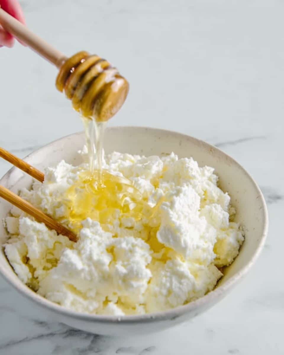 A white bowl filled with soft, crumbly white cheese, with two wooden chopsticks resting on the side, lifted slightly above the cheese. Above the bowl, a woman's hand holds a honey dipper dripping golden honey over the cheese, creating a shiny, sticky layer on the top. The background is a white marble surface. Photo taken with an iphone --ar 4:5 --v 7