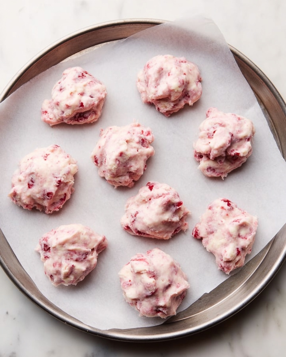 A round metal baking tray lined with white parchment paper holds ten small, uneven mounds of pink and white mixed batter. The batter looks creamy and chunky, with bits of red fruit or candy embedded throughout, giving it a dotted texture. The mounds are spaced randomly on the tray, each one having a soft, slightly lumpy surface that catches the light gently. The baking tray rests on a white marbled surface, enhancing the soft pastel colors of the batter. photo taken with an iphone --ar 4:5 --v 7
