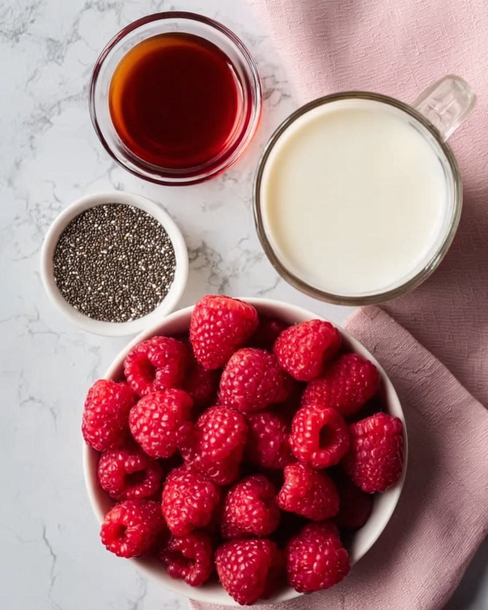 The image shows a close-up of four items arranged neatly on a white marbled surface. In the bottom part, there is a white bowl full of bright red raspberries, each with a soft, bumpy texture. To the right, a clear glass mug filled with a smooth, creamy white liquid sits on a pale pink cloth. Above the mug, there is a small glass bowl holding a dark reddish-brown liquid with a shiny surface. To the left of the raspberries, a small white bowl contains tiny black and white chia seeds that look like small specks. The colors and textures are clear and natural, with a soft contrast between the red berries and the white containers. Photo taken with an iphone --ar 4:5 --v 7