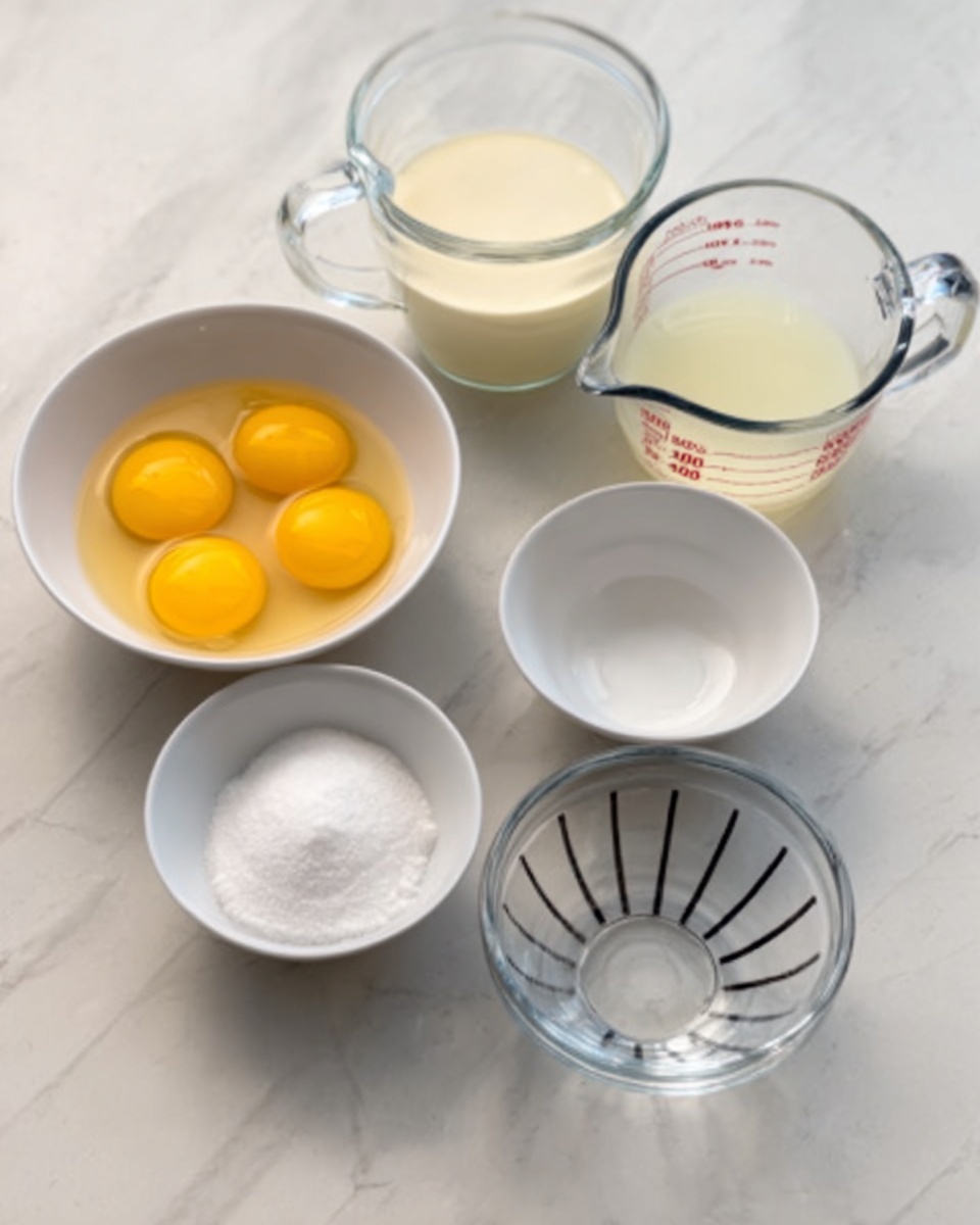 The image shows six bowls and measuring cups arranged on a white marbled surface. On the left, there is a white bowl with four bright yellow egg yolks inside. Next to it on the right is a clear measuring cup filled with a pale yellow liquid, and behind that is a larger clear measuring cup holding a creamy white liquid. In front, there is a white bowl filled with granulated white sugar, a small clear glass bowl with a small amount of clear liquid, and a white bowl with thin dark lines radiating from the center, which is empty. The setup looks neat and ready for mixing photo taken with an iphone --ar 4:5 --v 7