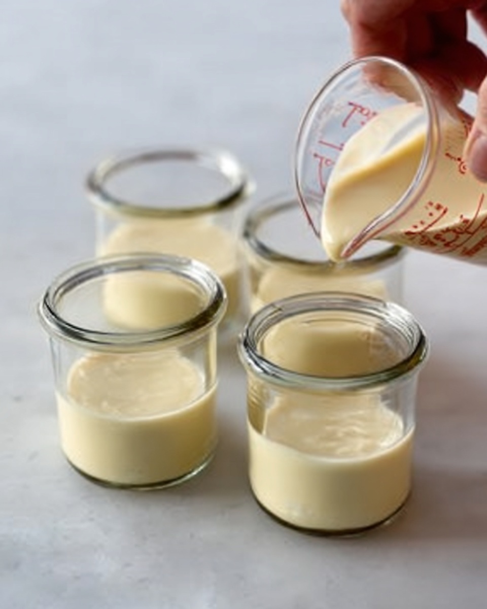 The image shows four small clear glass jars placed closely on a white marbled surface. Three jars are already filled with a smooth, pale yellow creamy mixture, while a woman's hand is pouring the same creamy mixture from a clear measuring cup into the fourth jar. The creamy mixture inside the jars has a thick texture and even surface. The background is softly blurred, keeping focus on the jars and the act of pouring. Photo taken with an iphone --ar 4:5 --v 7