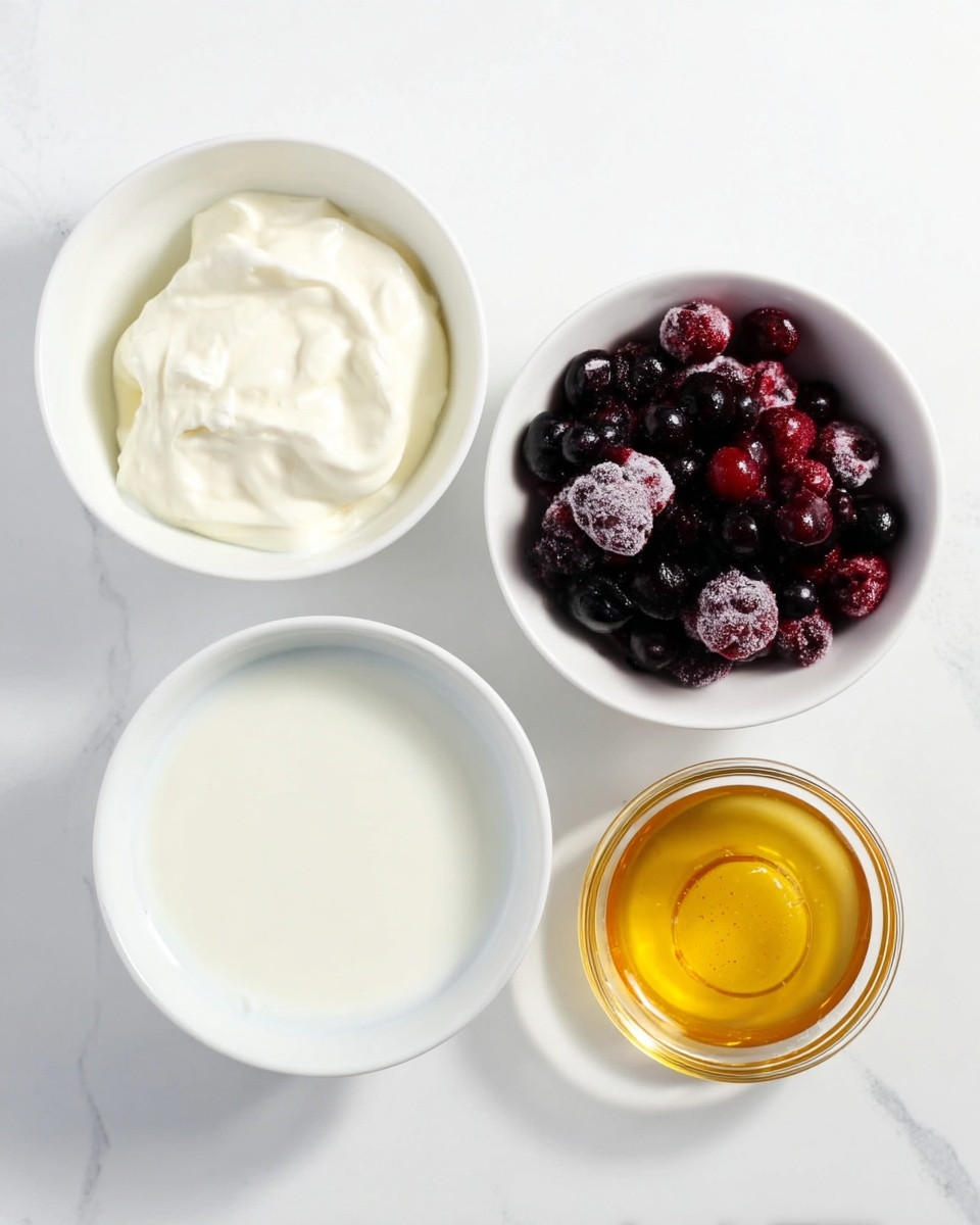 Four white bowls are arranged on a white marbled surface. The top right bowl holds dark purple and red frozen berries with a frosty texture. The top left bowl contains thick, creamy white yogurt with smooth texture. The bottom left bowl is filled with white milk, slightly reflective. On the right side, a small glass bowl holds golden honey with a liquid shine. photo taken with an iphone --ar 4:5 --v 7