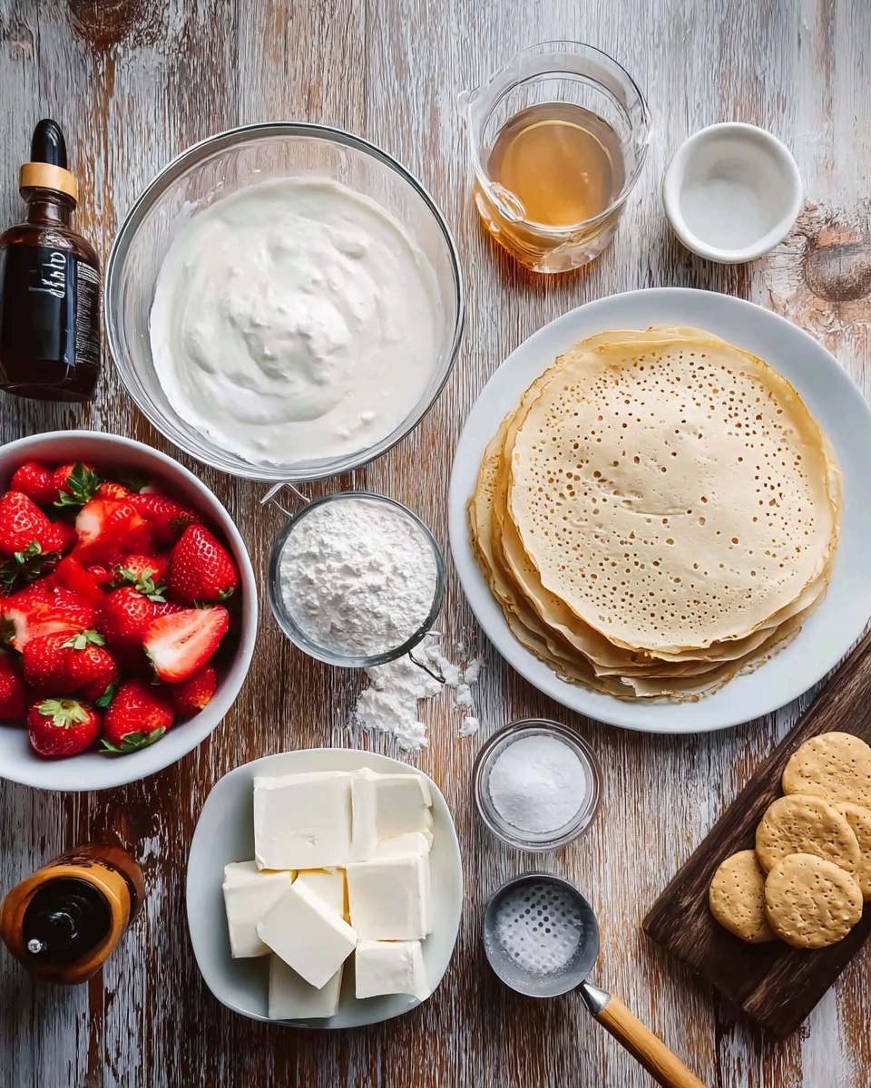 The image shows various ingredients for making a dessert neatly arranged on a wooden table with a white marbled texture. In the center, there is a clear glass bowl filled with a thick, white creamy mixture. To its right, a white plate holds a stack of thin, light tan crepes with small holes, organized one on top of another. In front of this plate is a small sifter filled with white powdered sugar and a wooden handle. To the left of the creamy bowl, a white bowl is full of fresh, bright red strawberries, some cut in half, showing their juicy inside. Above the strawberries, there is a rectangular white dish with large slices of white cream cheese. Nearby are smaller bowls with white sugar, golden honey, and a few round light brown cookies on a white plate. A small bottle with a dark cap and a woman’s hand holding a small glass dropper bottle of vanilla extract are also in the scene. The entire setup conveys a fresh and clean baking environment. Photo taken with an iphone --ar 4:5 --v 7