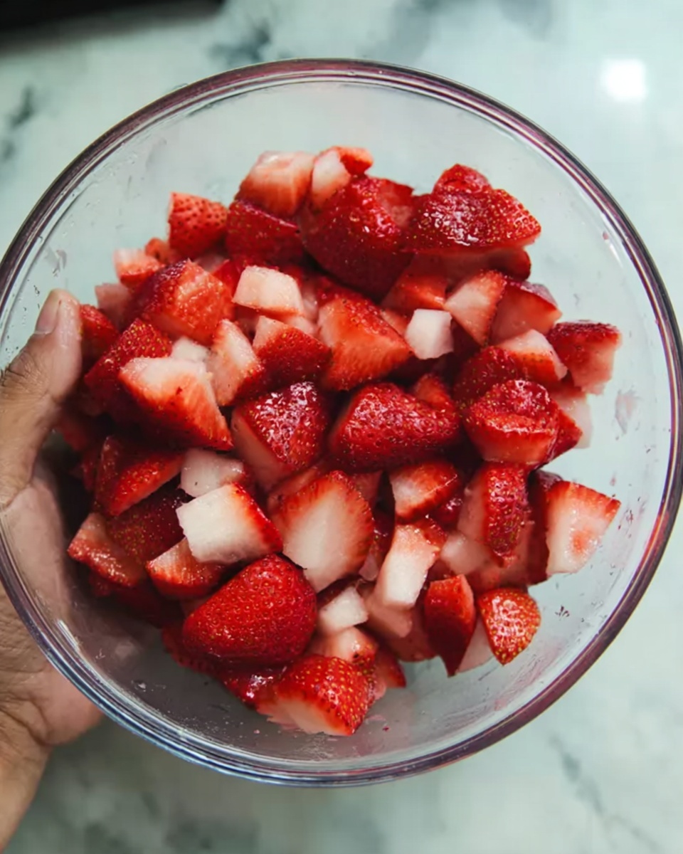A clear glass bowl filled with bright red and white chopped strawberries, showing a mix of juicy red surfaces and pale white inner parts. The bowl is held by a woman's hand on the left side, with a white marbled surface background. The strawberries look fresh and vibrant, with a glossy texture. Photo taken with an iphone --ar 4:5 --v 7