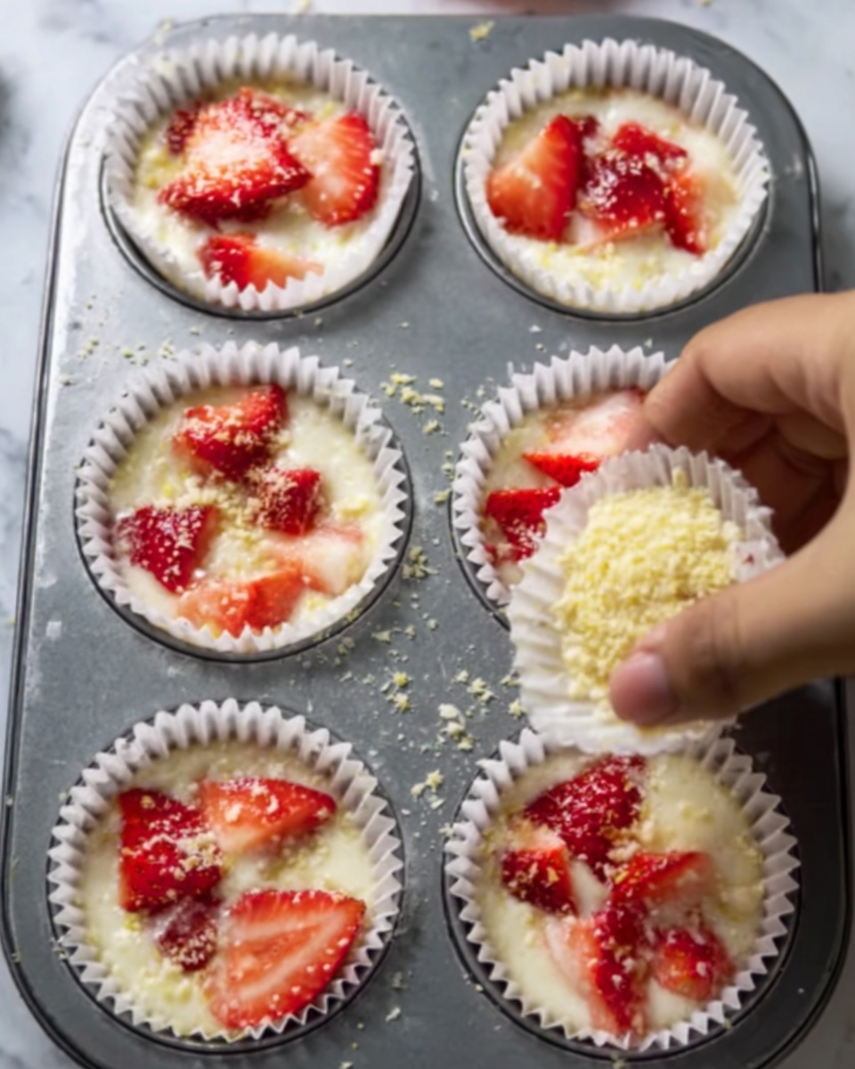 The image shows a metal muffin tray filled with white paper cupcake liners. Each liner contains a creamy white batter base topped with small, bright red and juicy strawberry pieces scattered on top. A woman's hand is sprinkling a light layer of fine yellowish crumbs over the strawberries in one of the cups. The background surface is a white marbled texture. photo taken with an iphone --ar 4:5 --v 7