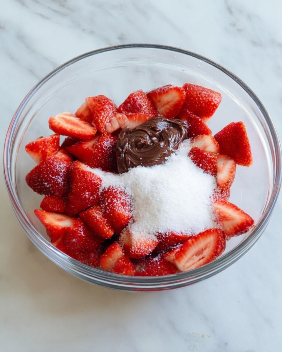 A clear glass bowl sits on a white marbled surface, filled with fresh strawberry halves that are bright red with a slightly shiny texture. On top of the strawberries, there is a pile of white granulated sugar and a dollop of thick, dark brown paste resting in the center. The colors contrast nicely, with the red strawberries surrounded by the white sugar and dark brown paste in the middle, all visible through the transparent bowl. photo taken with an iphone --ar 4:5 --v 7