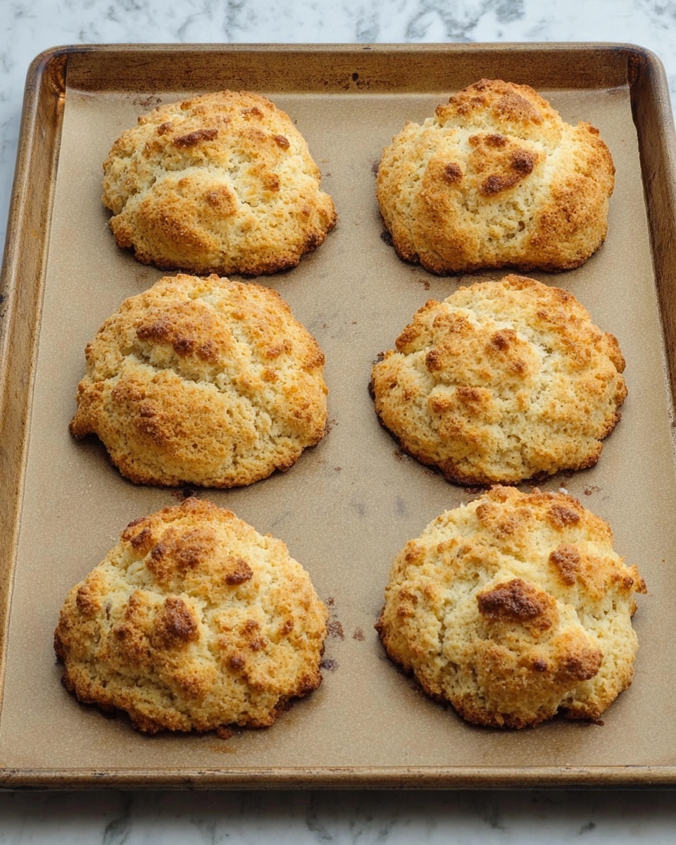 The image shows six golden-brown drop biscuits on a baking sheet lined with light brown parchment paper. Each biscuit has a rough, crumbly texture with some darker brown spots on top from baking, showing a handmade, rustic look. The baking sheet rests on a white marbled surface, adding a clean, bright background that contrasts with the warm biscuits. The biscuits are uneven in shape, and they are spaced evenly in two rows of three. photo taken with an iphone --ar 4:5 --v 7