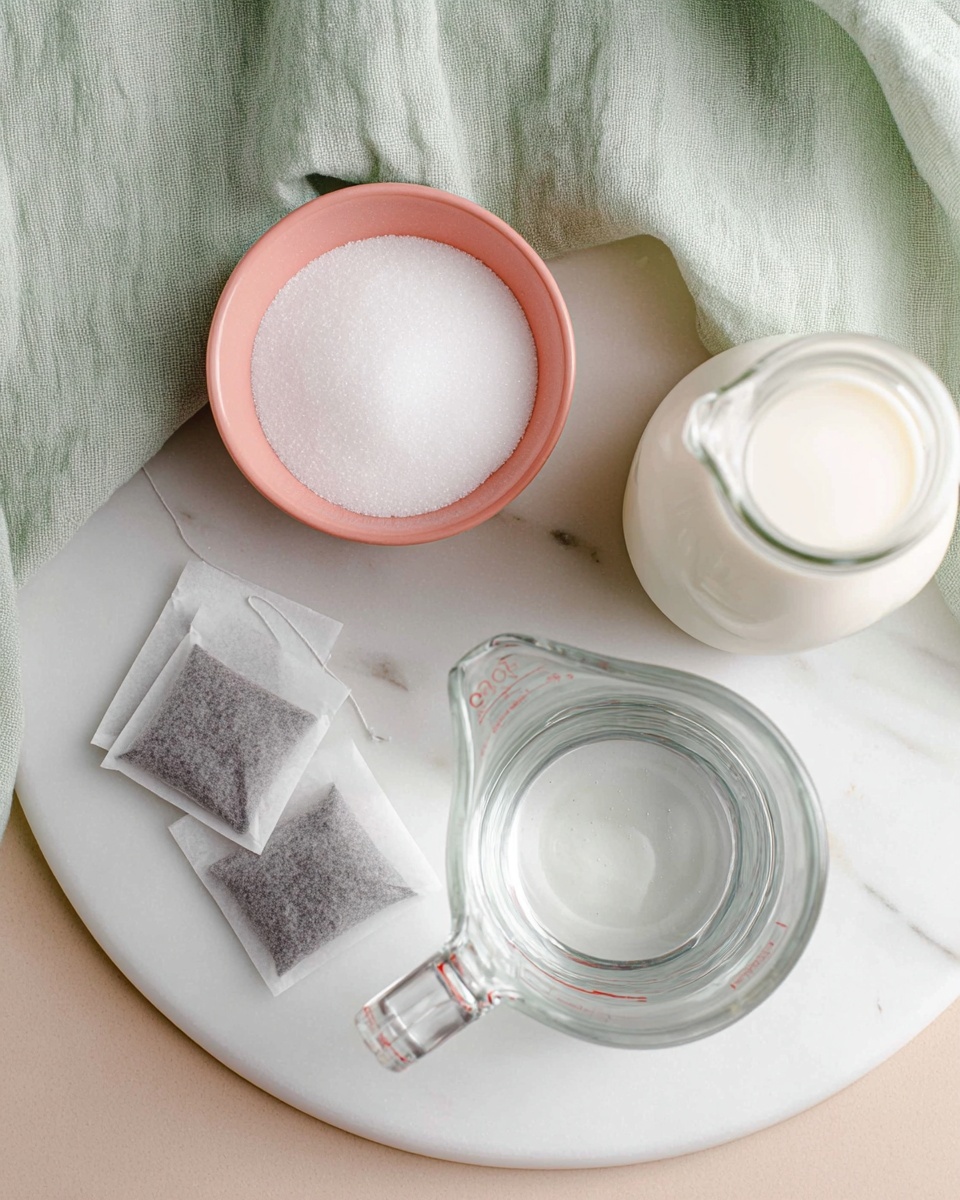 The image shows a white marbled surface with a small pink bowl filled with white granulated sugar at the top left, three tea bags stacked beneath the bowl, a clear glass measuring cup holding water placed at the bottom right, and a glass bottle filled with milk near the top right corner. A light green cloth is partly visible in the upper right corner. Photo taken with an iphone --ar 4:5 --v 7