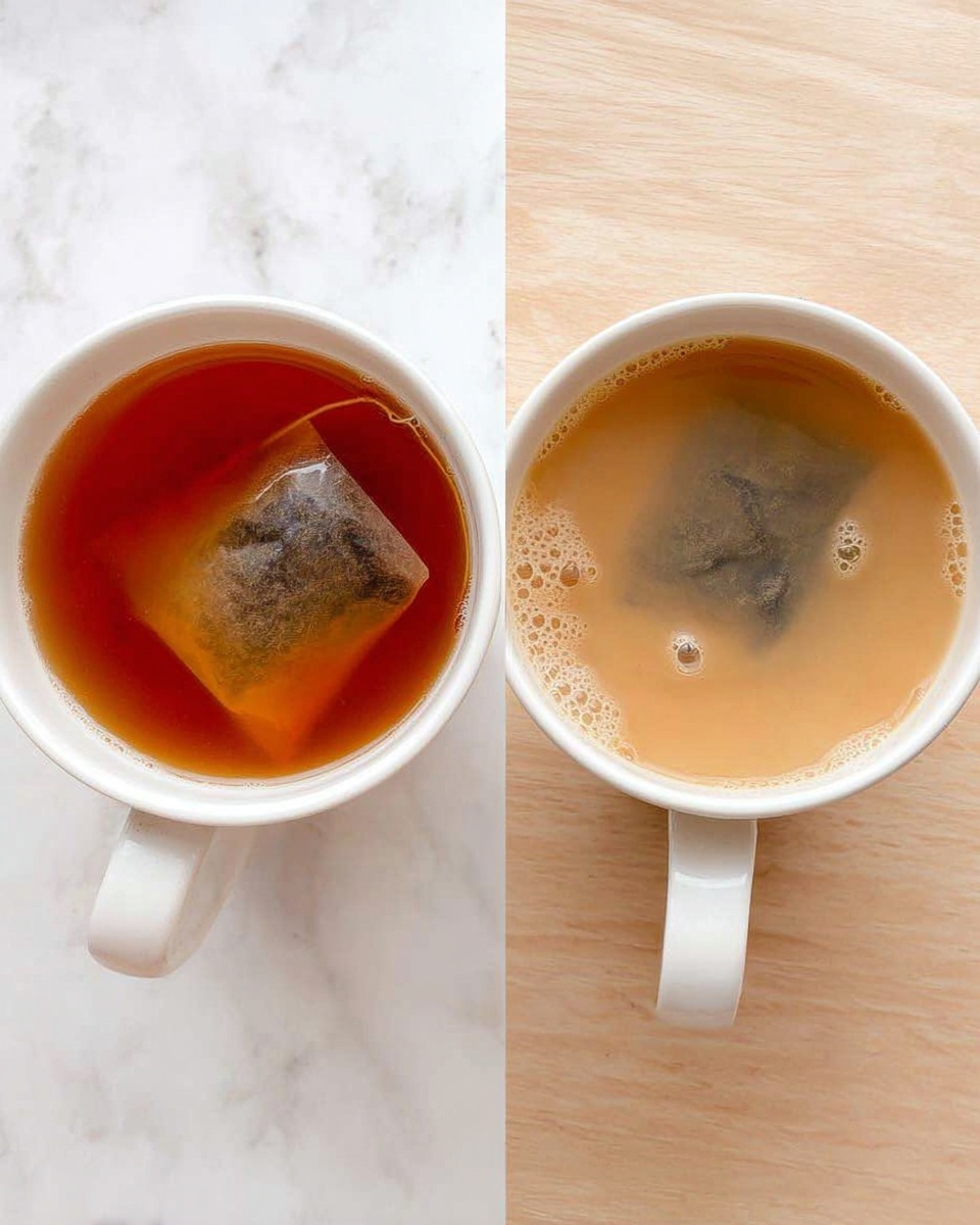The image shows two white mugs with tea on a white marbled texture background. The left mug contains dark amber tea with a wet tea bag floating slightly off-center, showing the wet dark brown tea bag against the clear liquid. The right mug shows lighter tan-colored tea with a tea bag submerged under the surface, creating a cloudy, creamy texture with a few small bubbles around the bag. Both mugs have white handles pointing to the left, and the wooden surface beneath them is visible around the mugs' bases. photo taken with an iphone --ar 4:5 --v 7