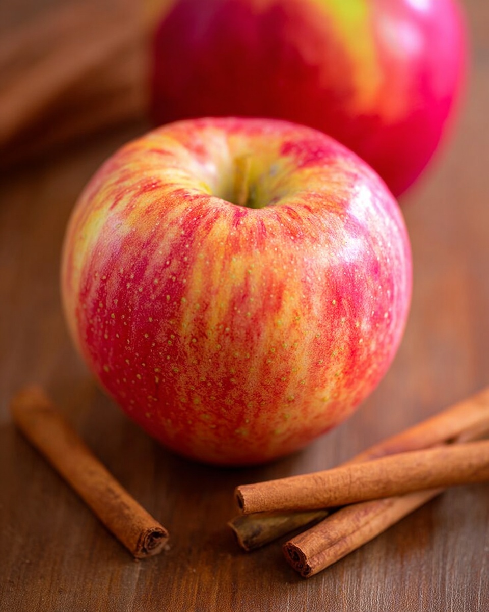 The image shows one large red and yellow apple with a smooth texture on a brown wooden surface. Around the apple, there are several thin, brown cinnamon sticks scattered softly out of focus. The apple's colors blend from deep red to lighter yellow patches, showing natural spots and subtle shine. In the background, there is another less clear apple with similar colors and some blurred cinnamon sticks. The whole scene is close up, giving a fresh and natural feeling. Photo taken with an iphone --ar 4:5 --v 7