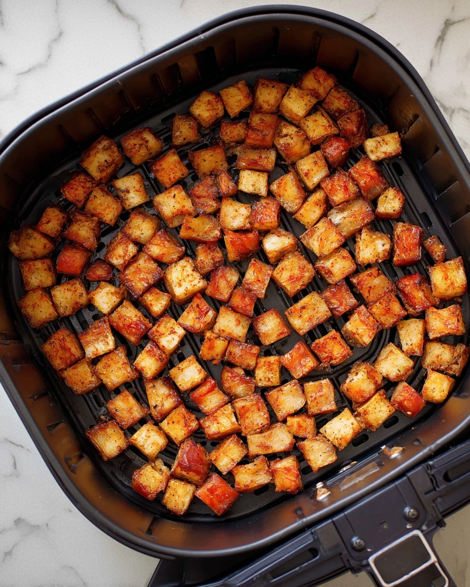 The image shows a black air fryer basket filled with small, evenly cut cubes of cooked food that are golden brown with some pieces having a light reddish tint. The cubes are spread out across the textured rack inside the basket, with some pieces slightly darker from cooking. The background surface is a white marbled texture, and the basket has a matte finish. photo taken with an iphone --ar 4:5 --v 7