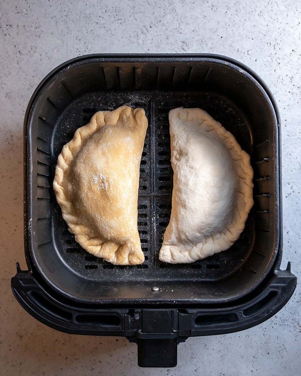 Inside a black air fryer basket with a patterned base, there are two uncooked calzones placed side by side. Each calzone is half-moon shaped with pinched, crimped edges sealing the filling inside. The one on the left has a light golden dough with a slightly rough texture, showing signs of a small dusting of flour. The calzone on the right is whiter in color with a smoother surface and also a light dusting of flour. The basket is positioned on a white marbled surface. photo taken with an iphone --ar 4:5 --v 7