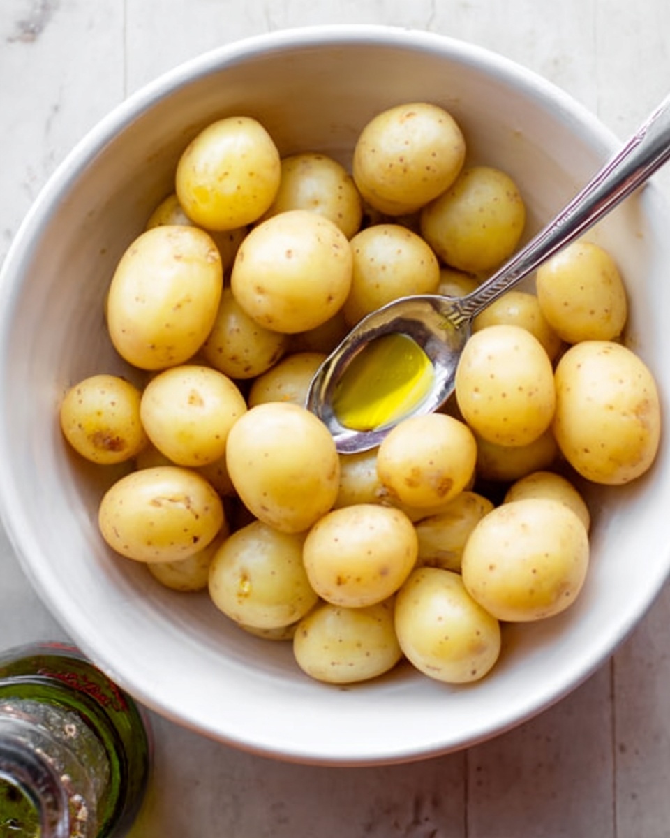 A white bowl filled with many small, light yellow potatoes with smooth skins. On top of the potatoes, there is a metal spoon holding a small amount of golden oil. The bowl sits on a white marbled surface with a glass bottle partly visible in the bottom corner. The potatoes look fresh and clean, filling the bowl fully. Photo taken with an iphone --ar 4:5 --v 7