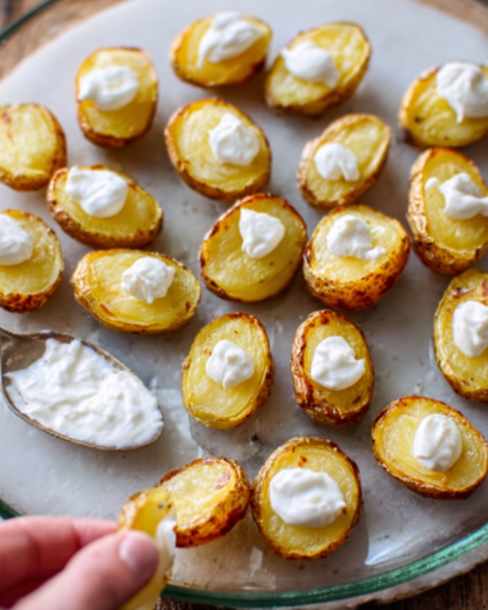 The image shows small golden roasted potato halves arranged closely on a clear glass plate with a white marbled surface underneath. Each potato half has a small dollop of white creamy sauce placed neatly on top, creating a clean contrast with the warm yellow and light brown potato skin texture. A spoon with extra white sauce rests near the edge of the plate, and a woman's hand is gently holding the plate. The lighting highlights the slight shine and crispy texture of the potatoes. Photo taken with an iphone --ar 4:5 --v 7