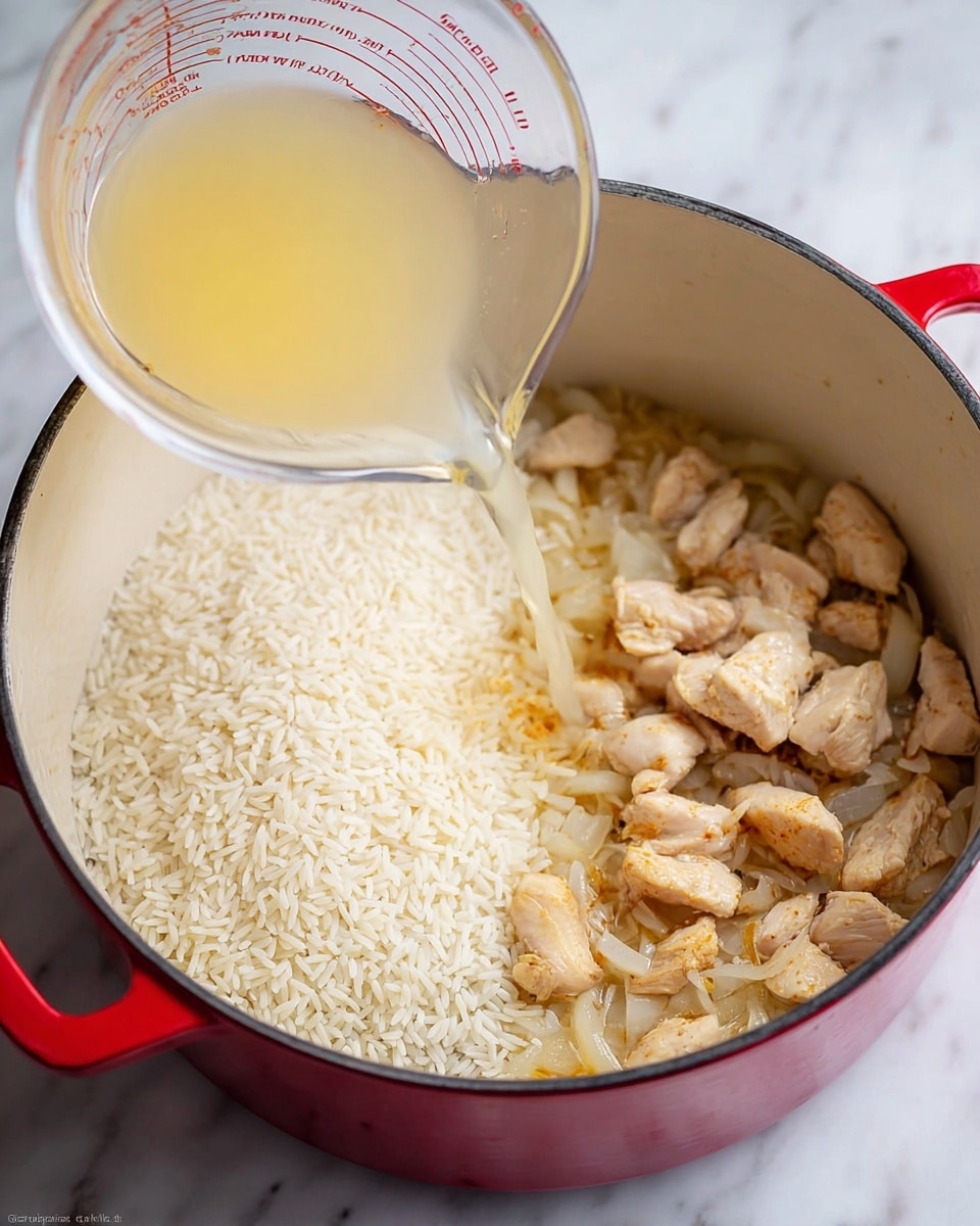 A deep white pot with a red outside edge sits on a white marbled surface. Inside the pot, on the right side, there are small pieces of cooked chicken with a light brown color mixed with soft, translucent white onions. On the left side, there is a pile of uncooked white rice grains. A clear measuring cup is tilted above the pot, pouring a pale yellow liquid over the rice. The scene shows a cooking process with clear textures of raw rice and cooked chicken pieces. Photo taken with an iphone --ar 4:5 --v 7