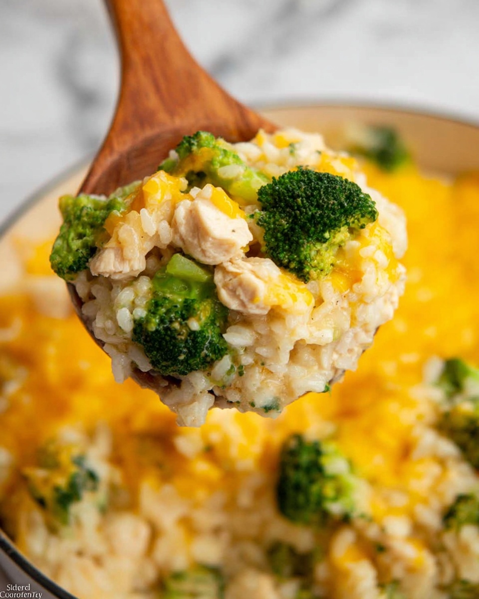 The image shows a close-up of a wooden spoon lifting a scoop of a creamy rice dish that has three main layers: bright yellow melted cheese on top, small pieces of light beige cooked chicken, and bright green broccoli florets mixed throughout the rice. The rice looks soft and creamy, with a smooth texture blending with the melted cheese. The background is a white marbled texture, adding a clean and simple look. The focus is on the spoon full of the rice mixture, highlighting the vibrant colors and textures. photo taken with an iphone --ar 4:5 --v 7